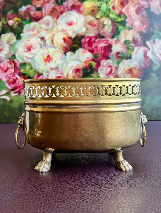 Spanish Antique/Vintage Brass Planter Jardinière Ornate on Four Lion Paws Footed and Two Lion Heads with Rings