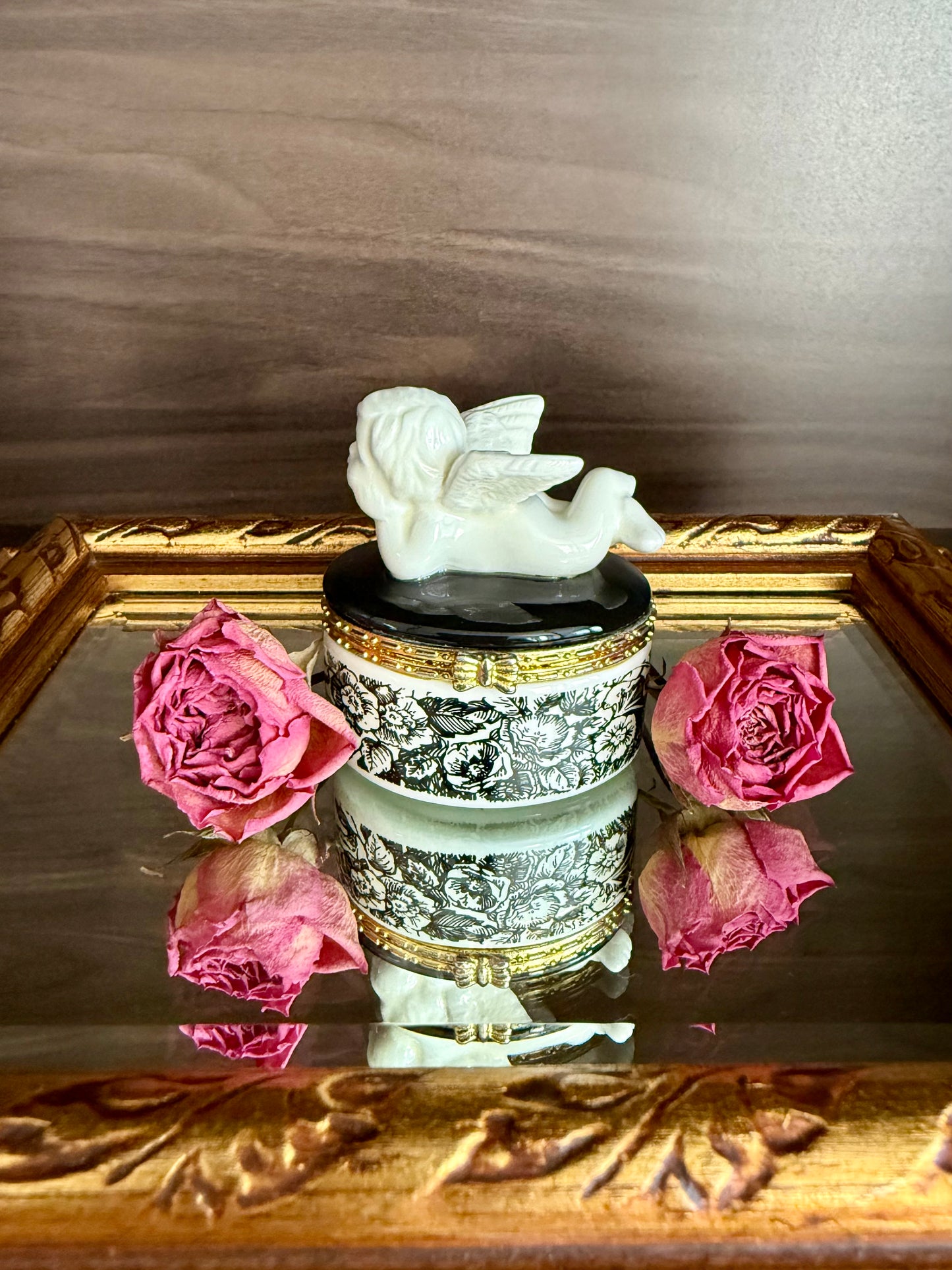 Angel Cherub Black and White Porcelain Vintage Mini Hinged Jewelry, Pill or Trinket Box