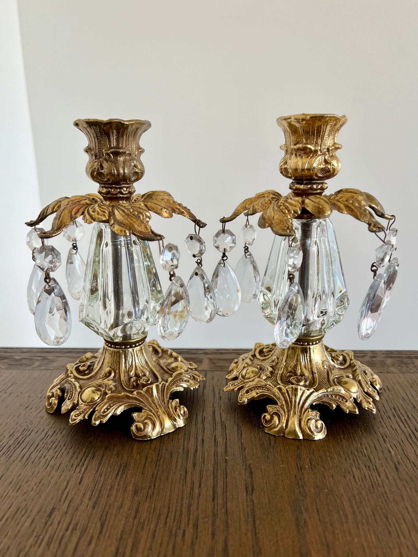 Hollywood Regency Mid Century Vintage Gold Brass Candle Holders with Hanging Crystal Prisms - a Pair (2)