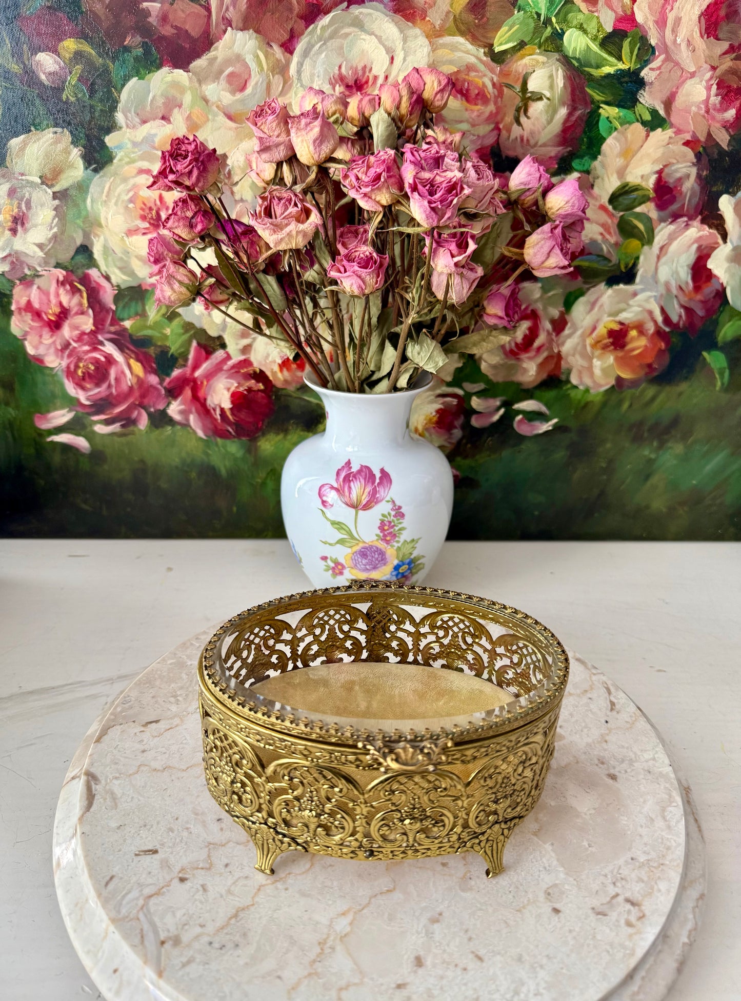 Matson Style Vintage Gold-plated and Glass Hollywood Regency Oval Ormolu Brass Jewelry/ Trinket Box