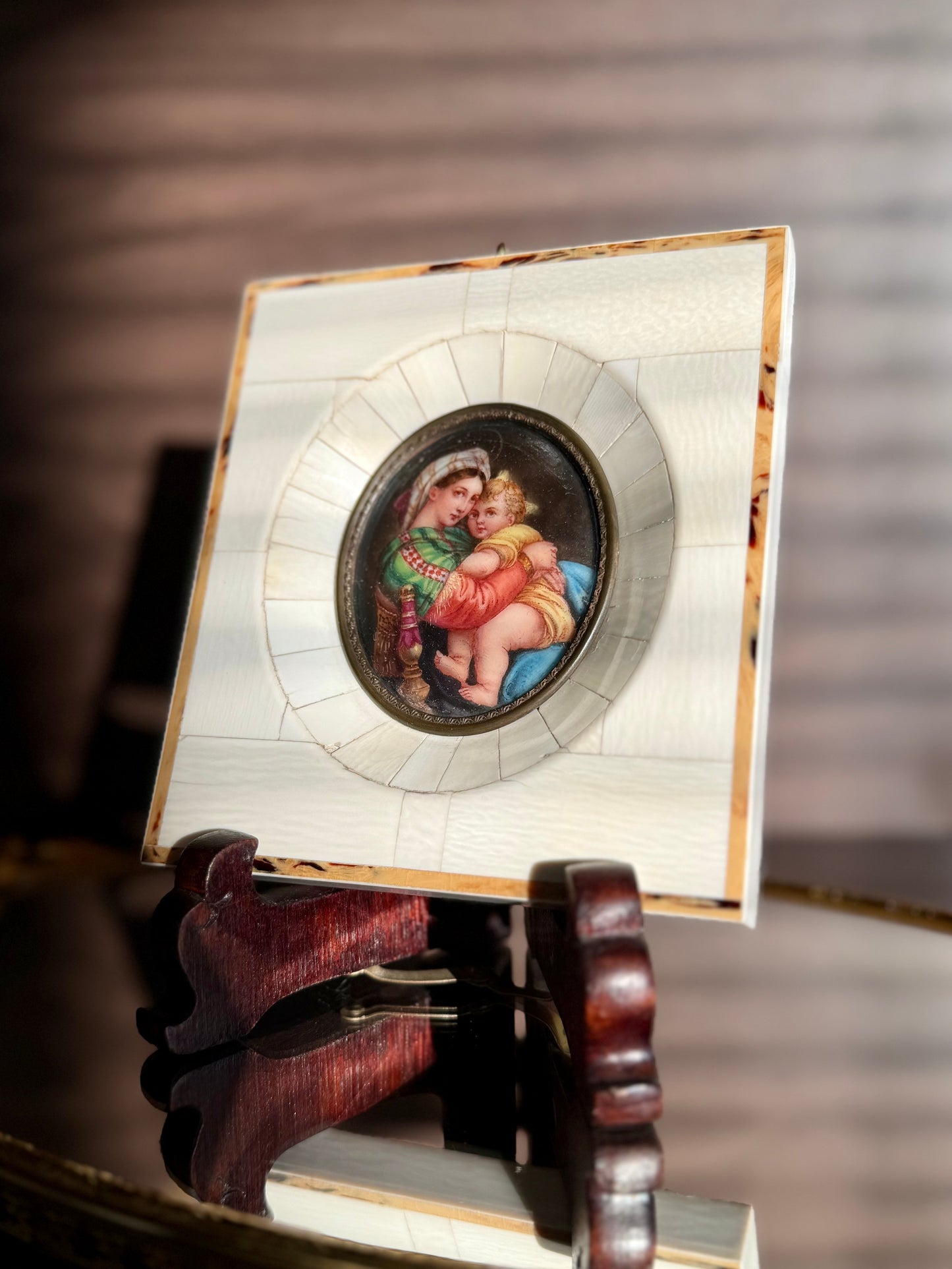 Antique Italian Miniature Porcelain Plaque Hand-painted Madonna and Child in Bone Frame