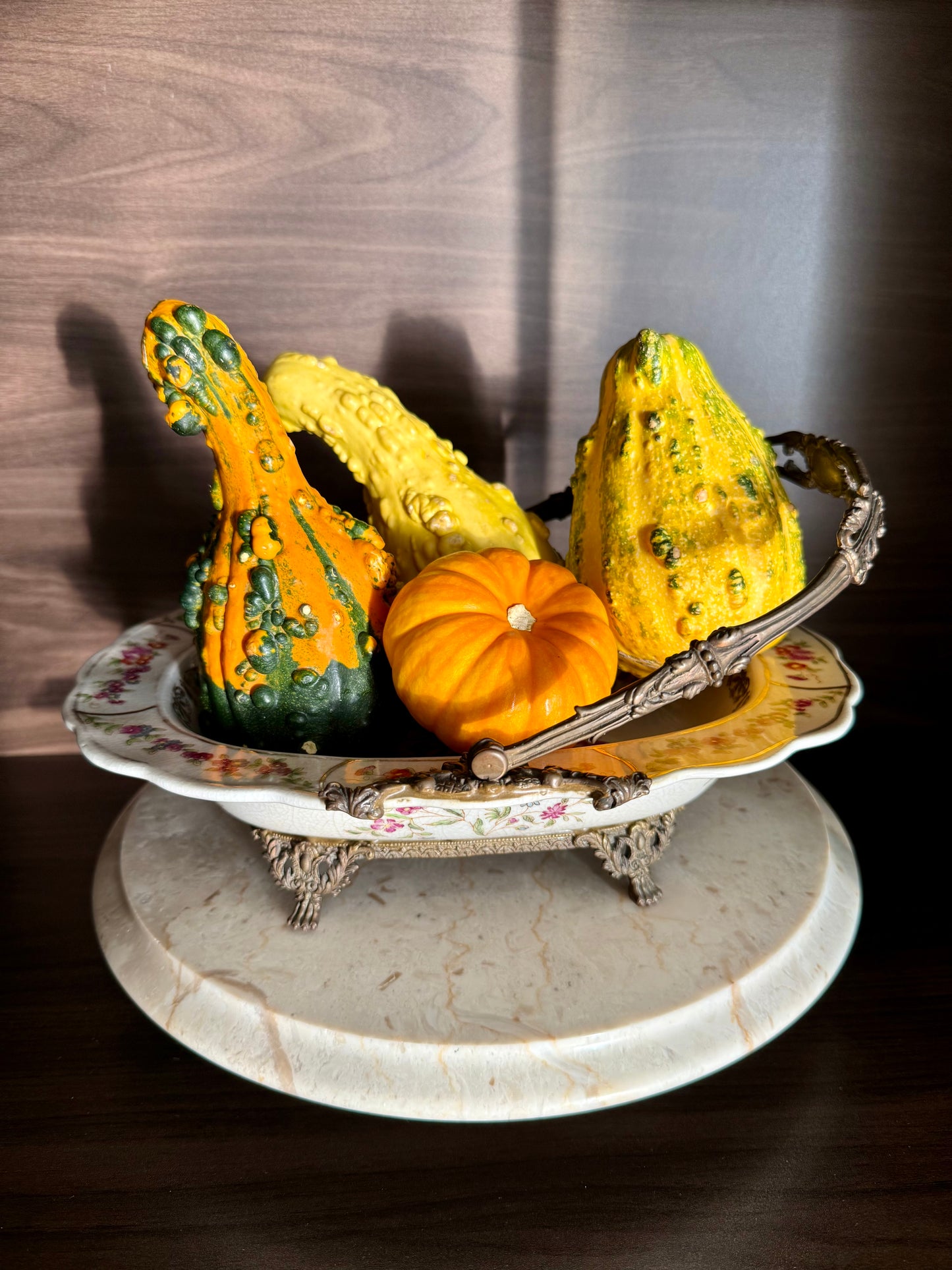 Porcelain Oval Crackle Glazed Vintage Basket Serving Dish with Decorative Bronze Handle, Floral Design and four Legs