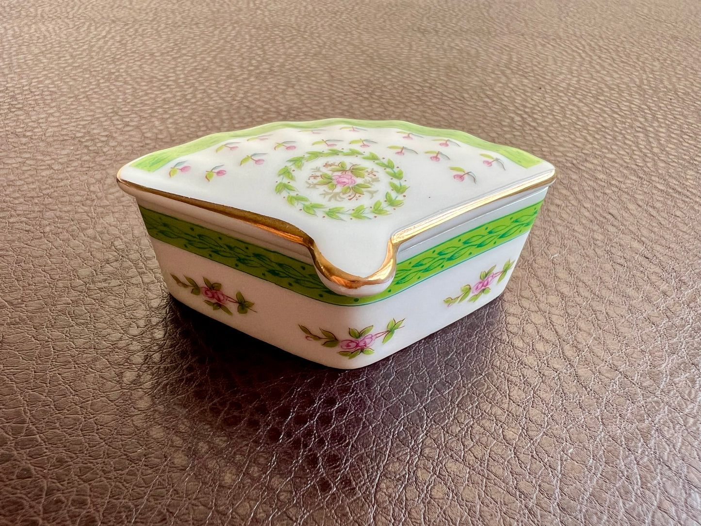 Lefton Fan Shaped Porcelain Trinket Box with Green and Pink Flowers