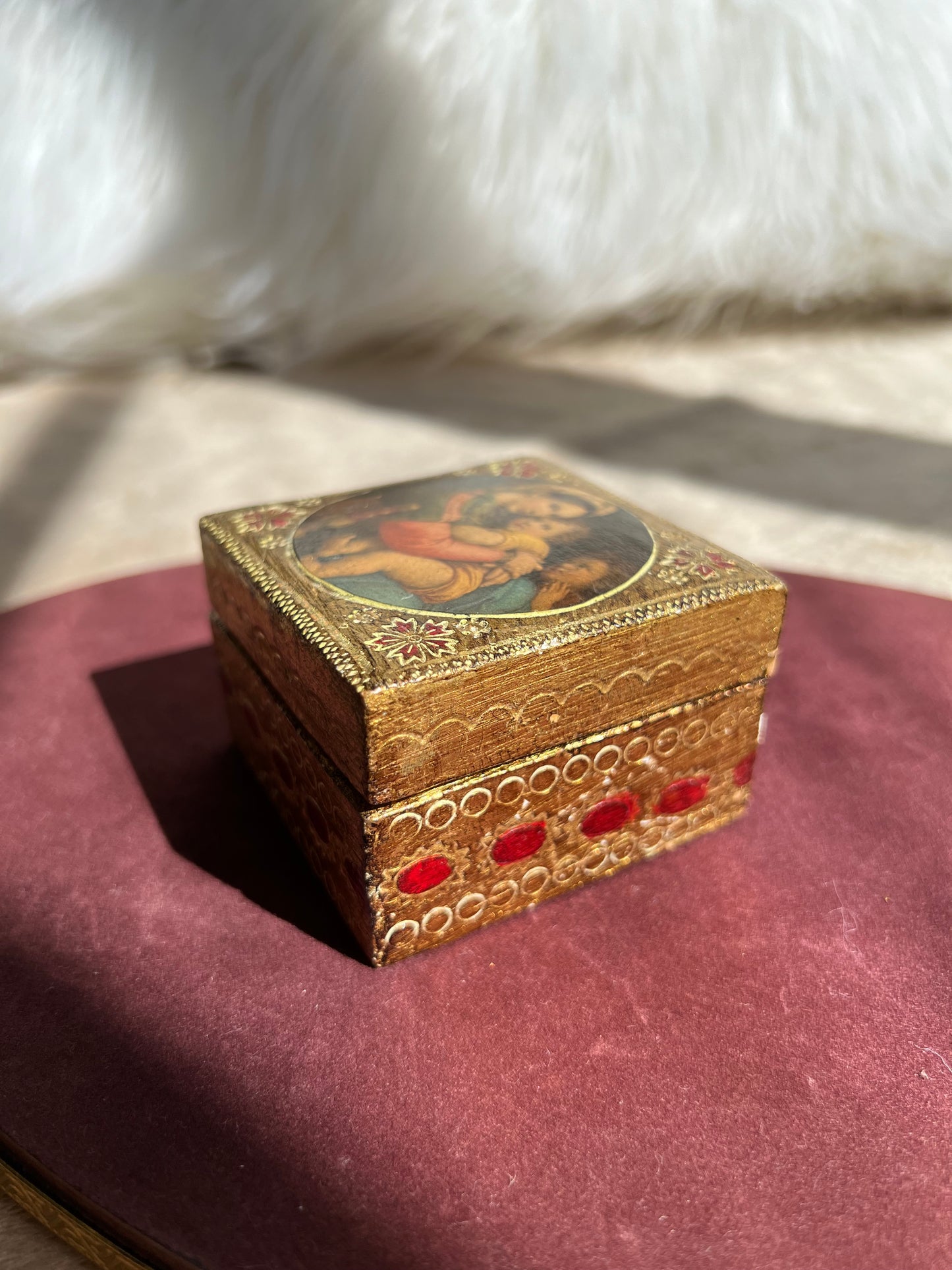 Italian Florentine Vintage Wooden Gold Gilded Box on the Top Madonna and child with St.John By Raphael