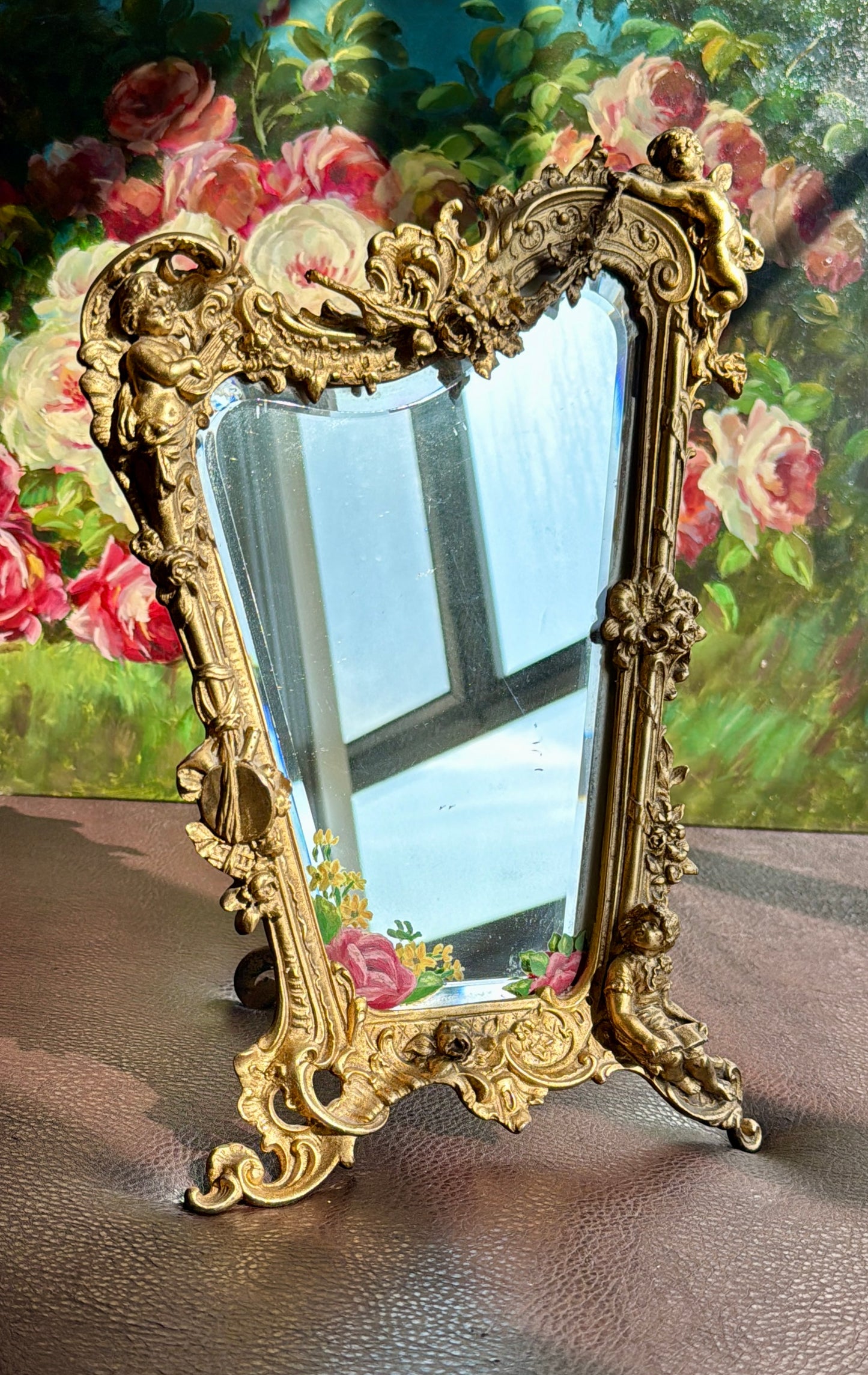Antique Italian Rococo-Style Table Mirror with Gilded Frame, Featuring Putti (cherubs) Decor and Floral Painting