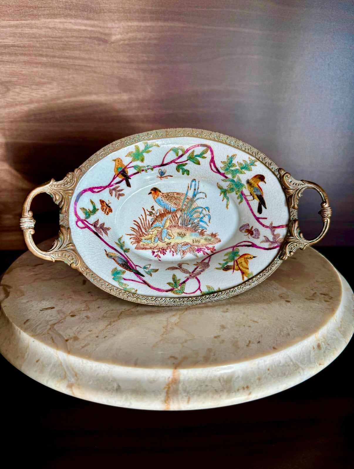 Beautiful Vintage Oval Soap Dish with Brass Feet and Handles with Floral and Bird Motif