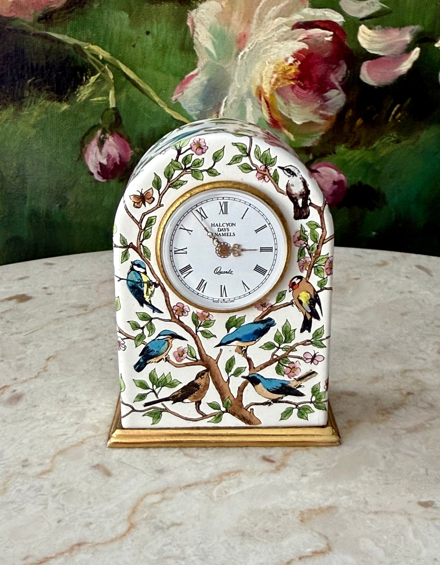 Halcyon Days Vintage Enamel Table Clock with Hand-painted Birds and Flowers Design