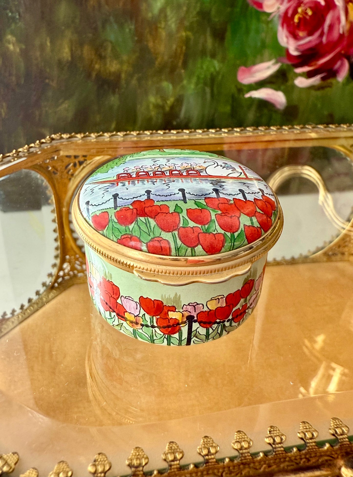 Halcyon Days Designed by Tiffany & Co. Boston Swan Boats Vintage Enamel Pill, Jewelry or Trinket Box