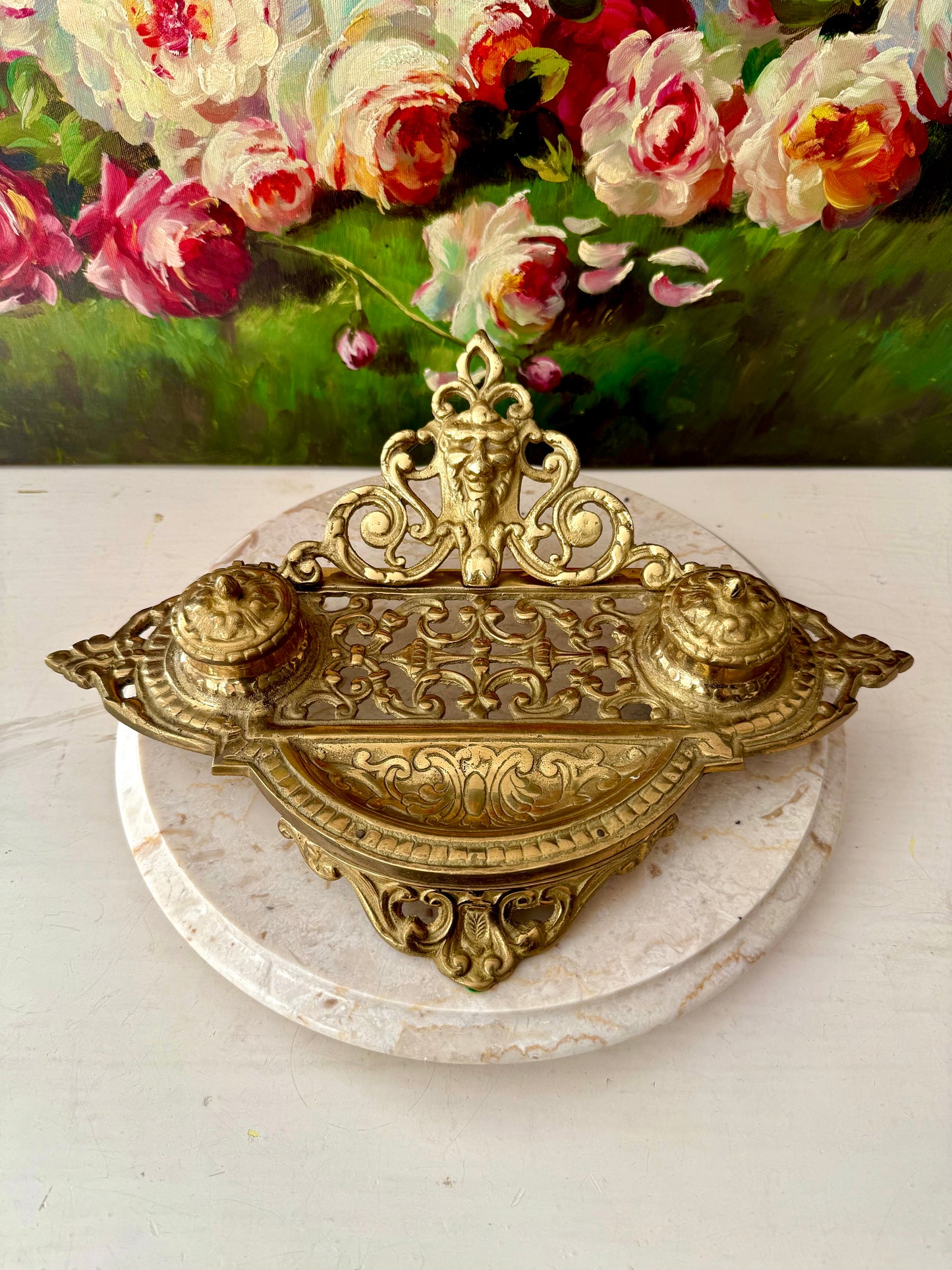 Andrea by Sadek Vintage Large Ornate Double Brass Inkwell, Made in Japan