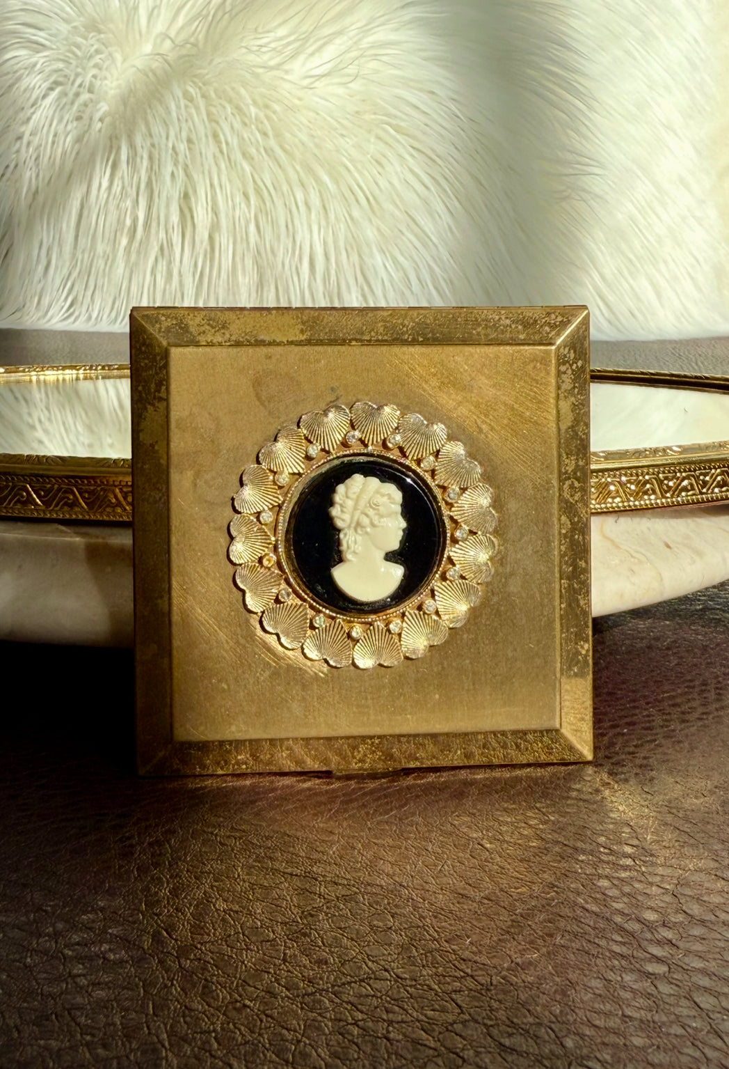 1940s Voluptè Brass Cameo Lady Vintage Makeup Powder Compact Mirror with Hearts and Gemstones Decoration - Made in USA