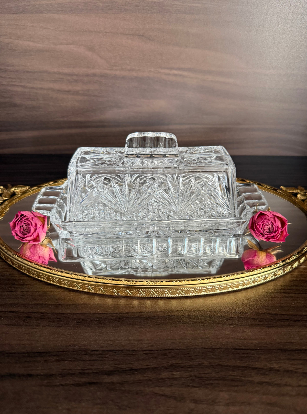 Vintage Cut Crystal Glass Butter Dish with a "Cherrywood Clear" Style Pattern