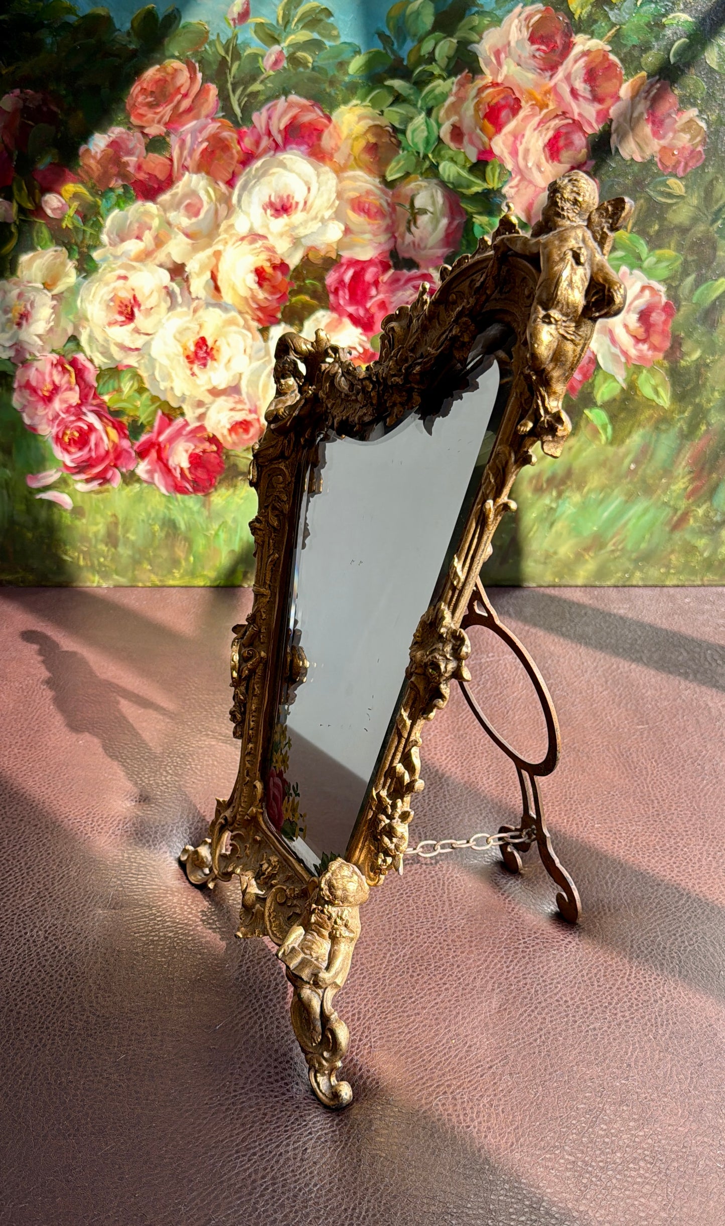 Antique Italian Rococo-Style Table Mirror with Gilded Frame, Featuring Putti (cherubs) Decor and Floral Painting