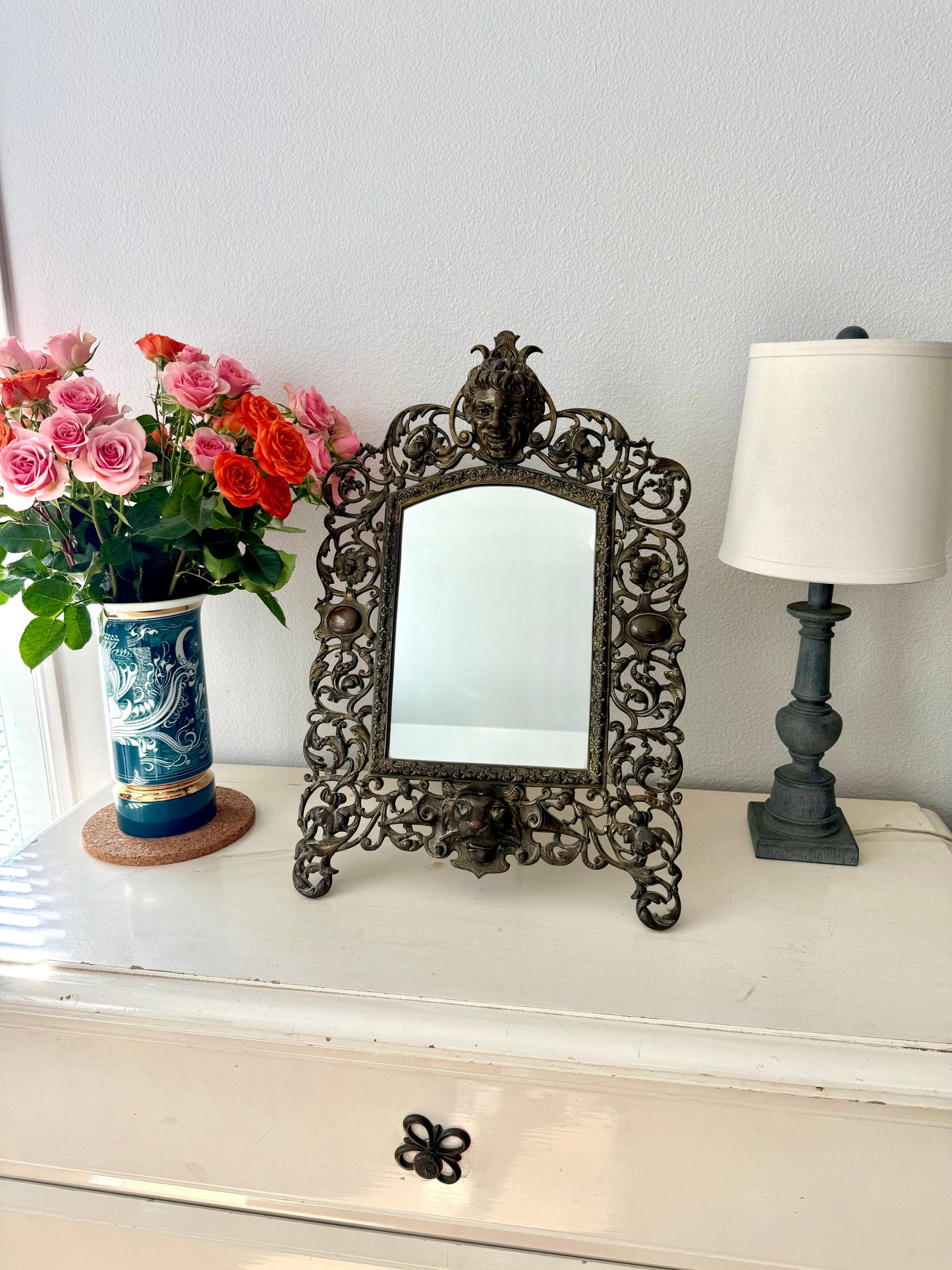 Antique Gilded Cast Iron Cherub and Lion Heads, Victorian French Style Ornate Vanity Table Mirror from Late 19th Century