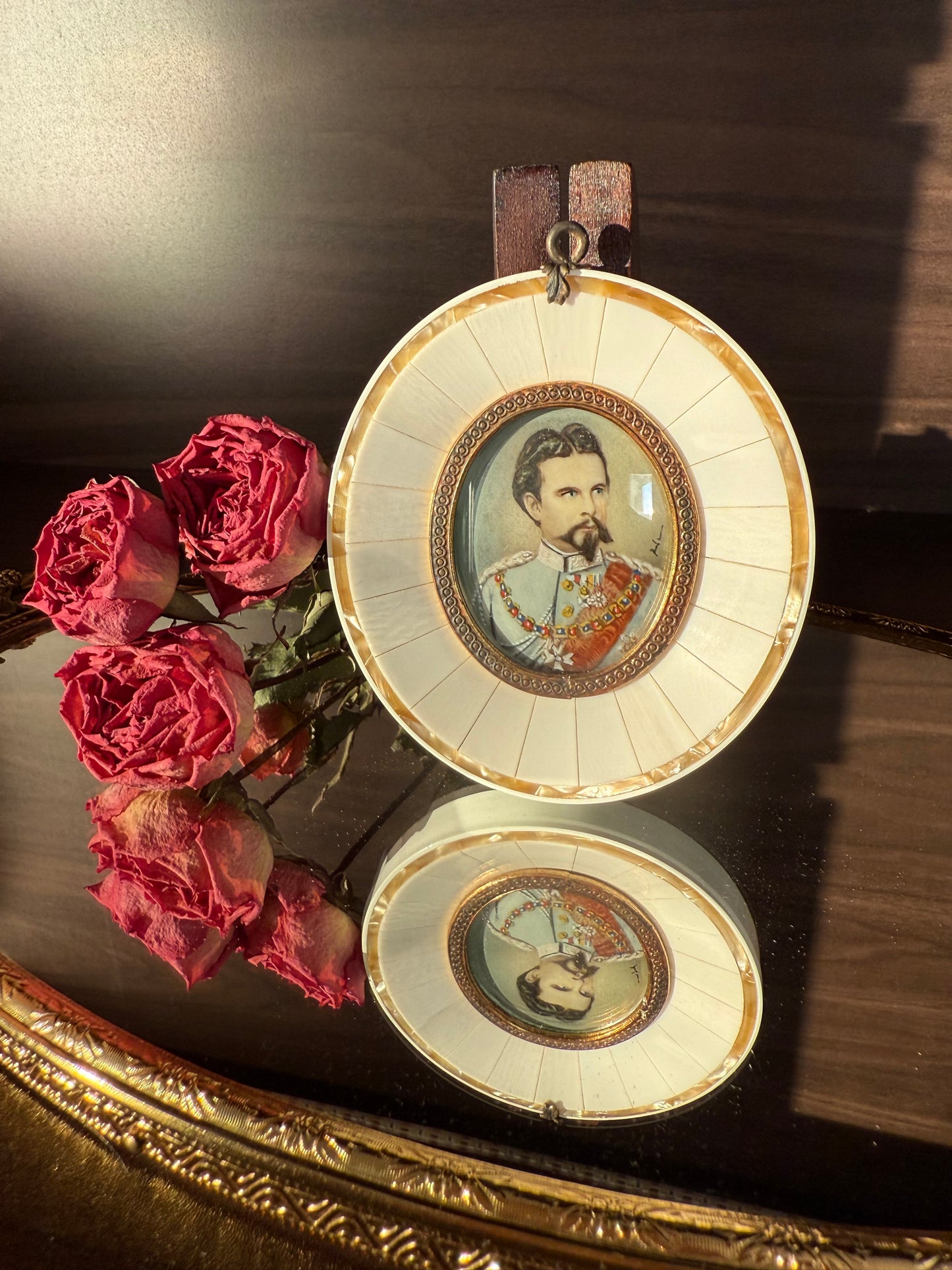 19th-century Antique Miniature Painting Portrait of King Ludwig II of Bavaria with Mother-of-Pearl Frame