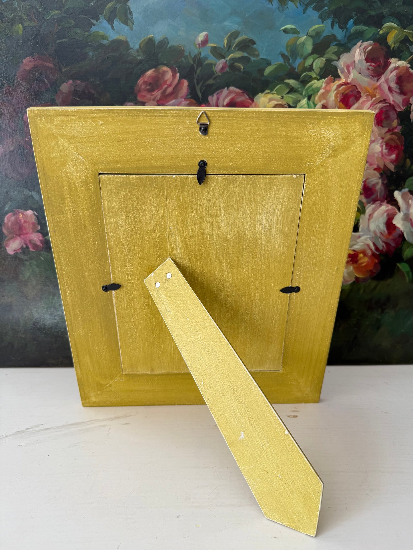 Vintage Mustard Yellow Wooden Picture/ Photo Frame with Metal Floral Decoration on the Corners