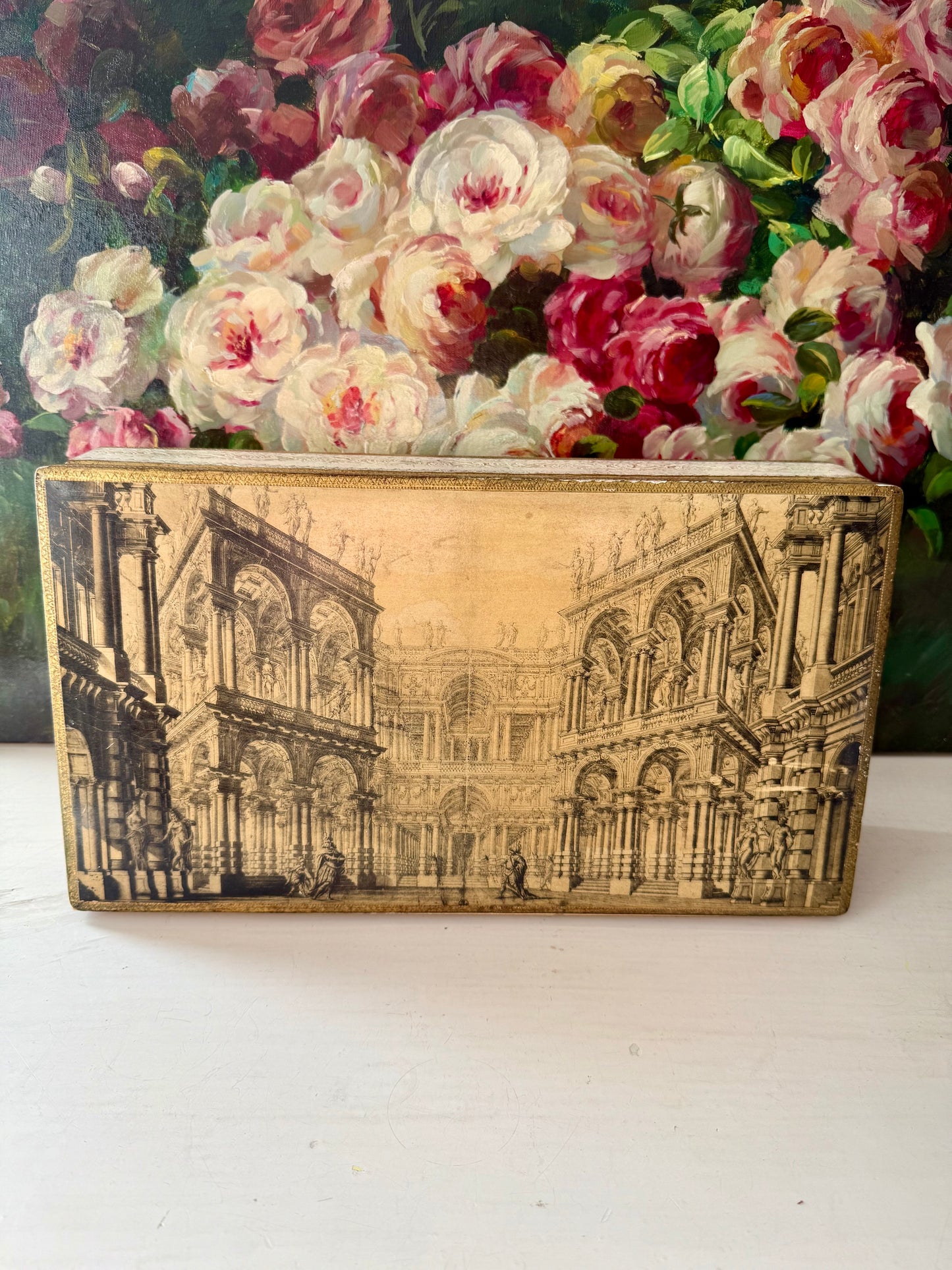 Fratelli Alinari Architectural Gold gilded Large Vintage Wooden Florentine Jewelry Box, Made in Italy