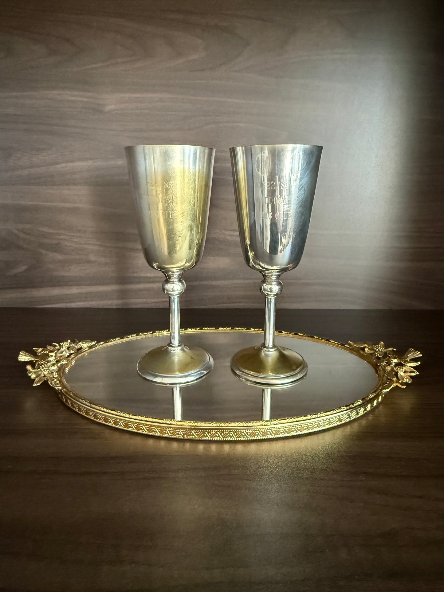 A Pair of Vintage Silver-Plated Wine Glasses with Long Stems and Slightly Flared Tops - these from the estate of Hollywood actor, writer, director, and producer Howard Storm