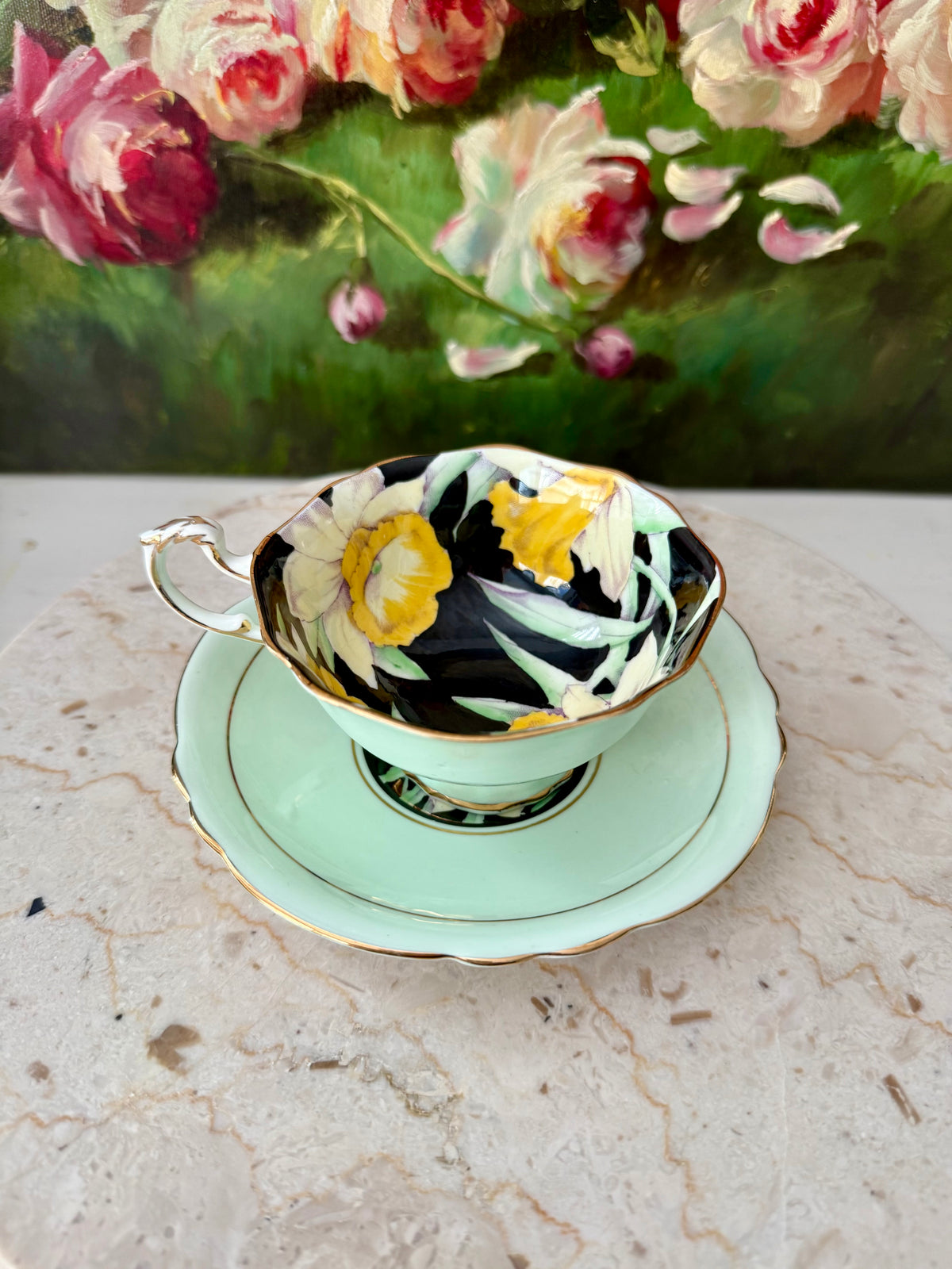 Antique 1940s Paragon Daffodil (Narcissus) Hand-Painted Porcelain Teacup and Saucer - Made in England