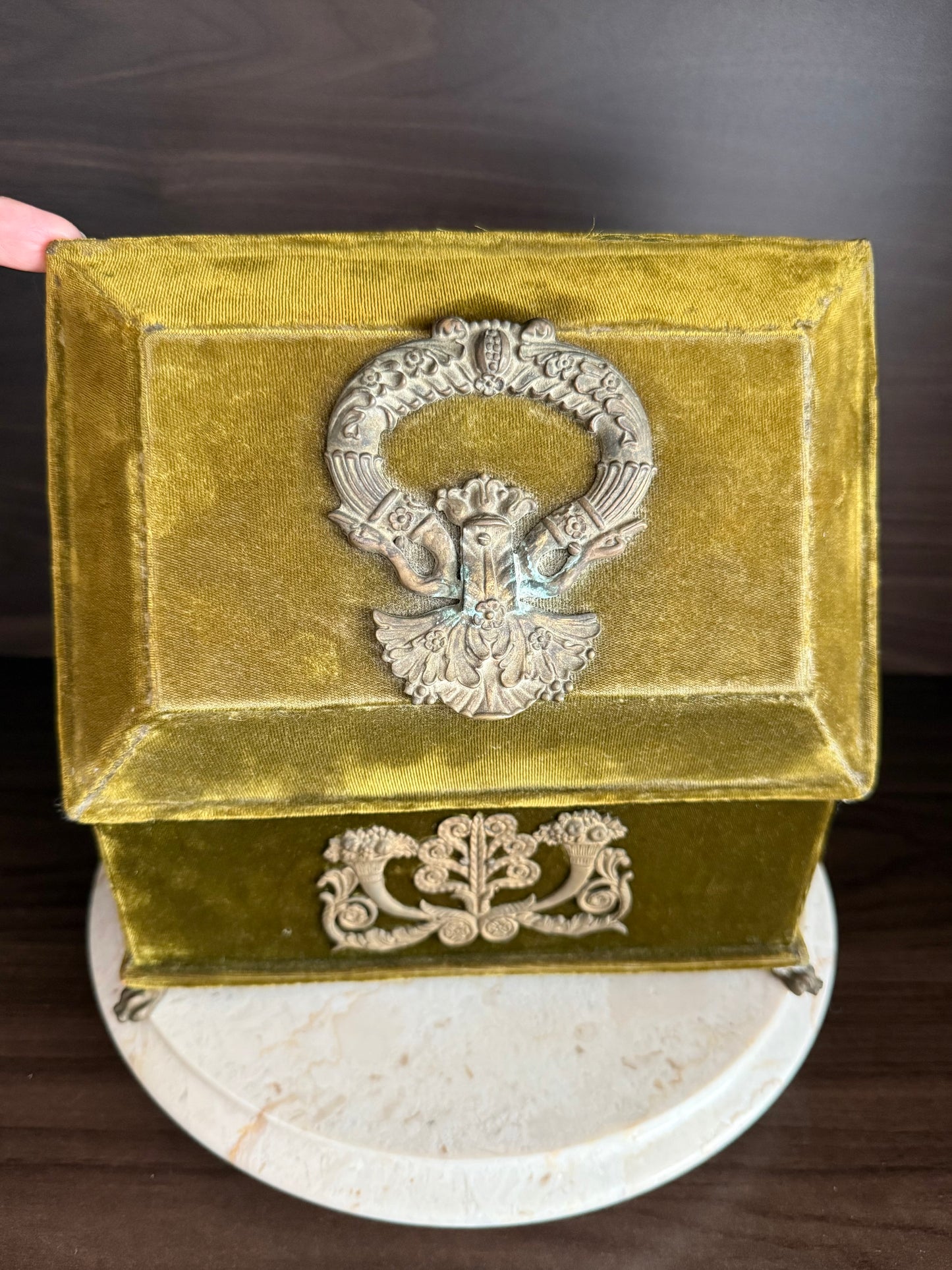 Antique Victorian Jewelry Box “Boudoir” or Sewing Box in Mustard/ Golden/ Green Velvet, Inside Blue Silk from the Early 20th Century