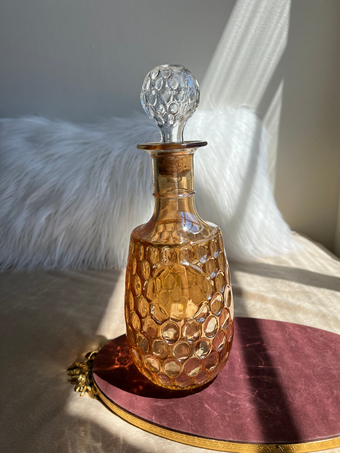 Mid-Century Marigold Blown Glass Thumbprint Whiskey/Bourbon Decanter With Stopper