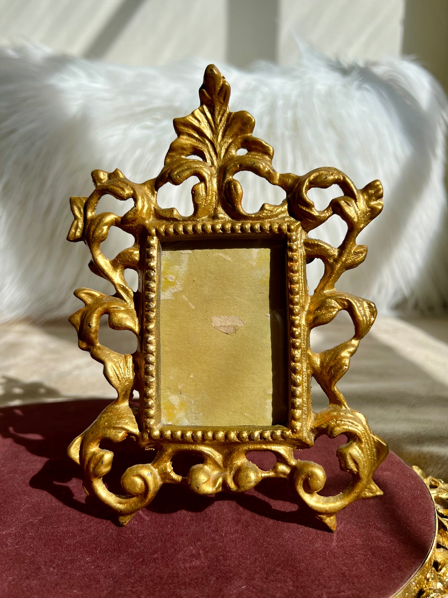 French Ornate Victorian Rococo Style Heavy Metal Brass Vintage Mini Square Picture Frame with Golden Gilt Finish (1 pc)