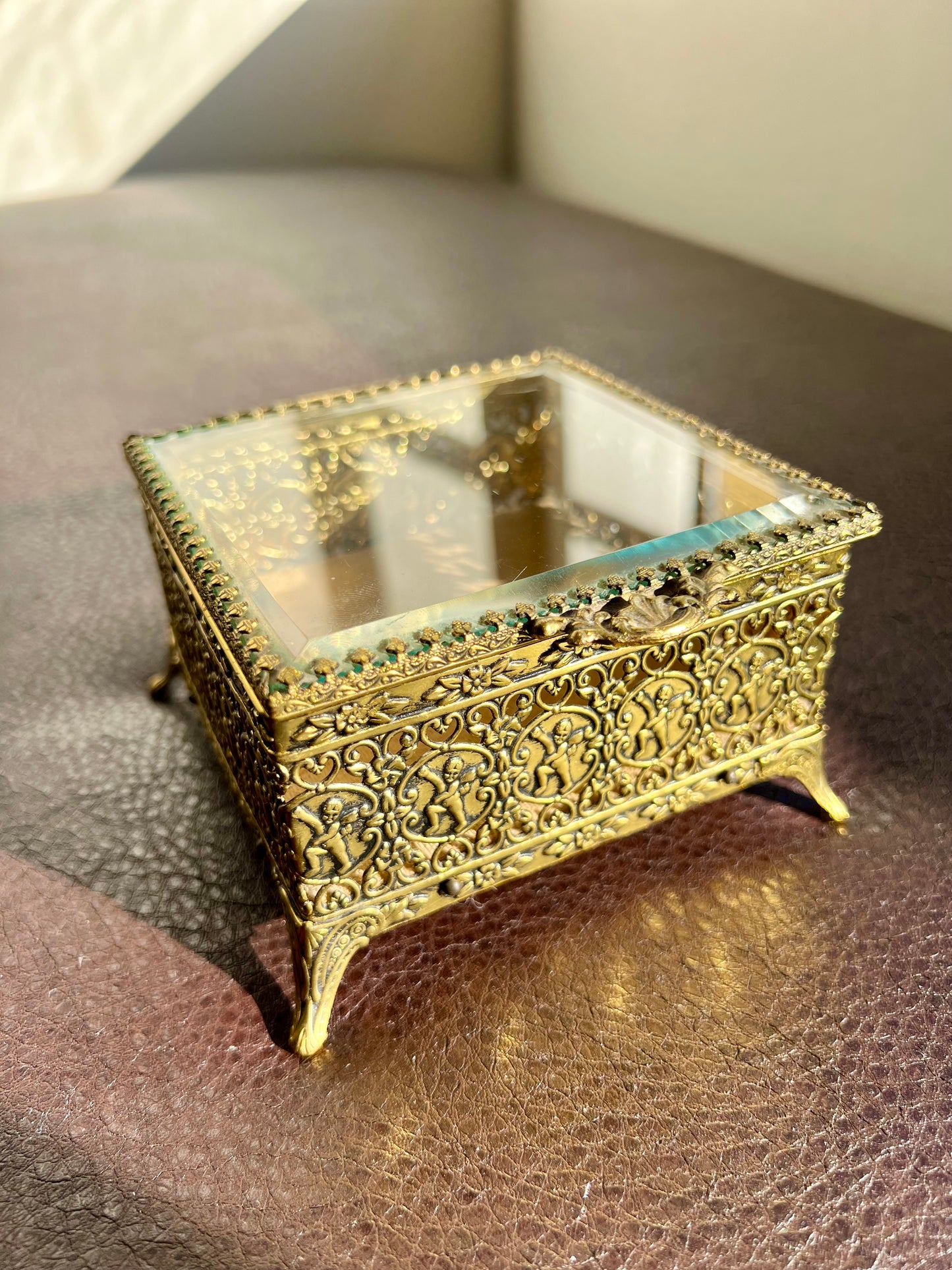 Gold Plated Filigree Ormolu Vintage Jewelry Box Square Footed with Velvet Lining Hinged Lid, Hollywood Regency StyleBuilt Style