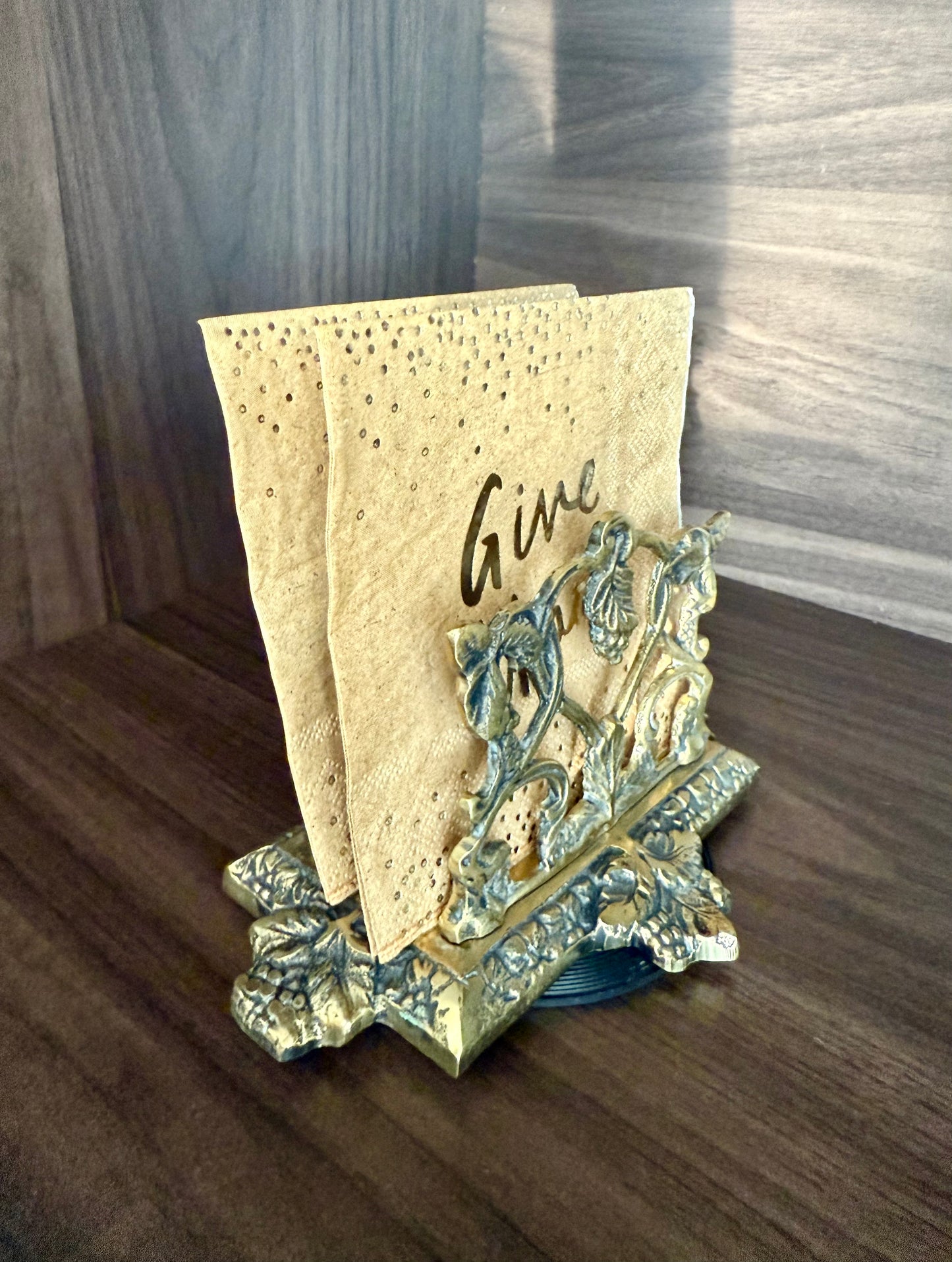 Vintage Brass Letter or Napkin Holder Desk Organizer with Grape Leaf Decoration, Made in England