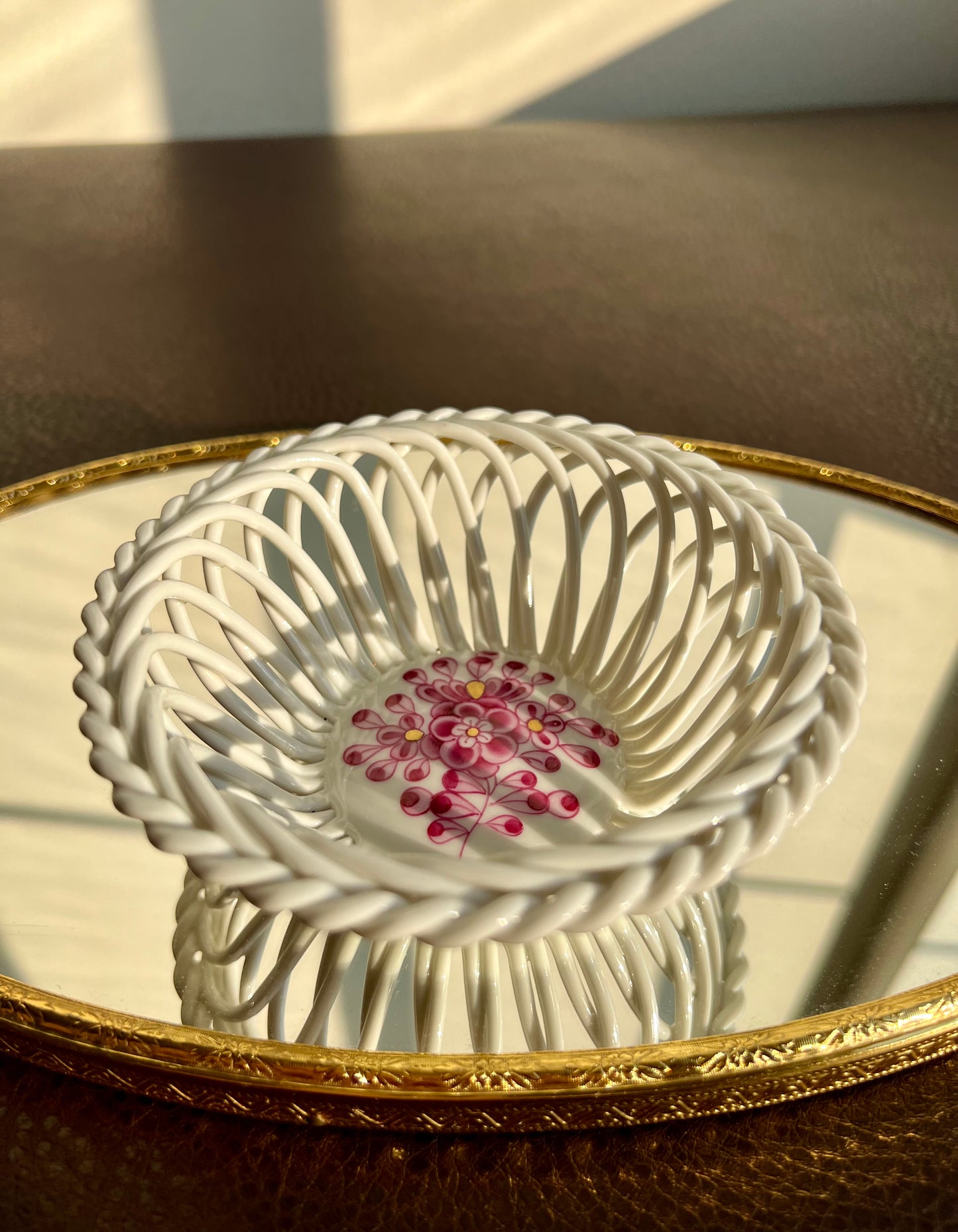 Herend porcelain small openwork basket with pink handpainted flowers