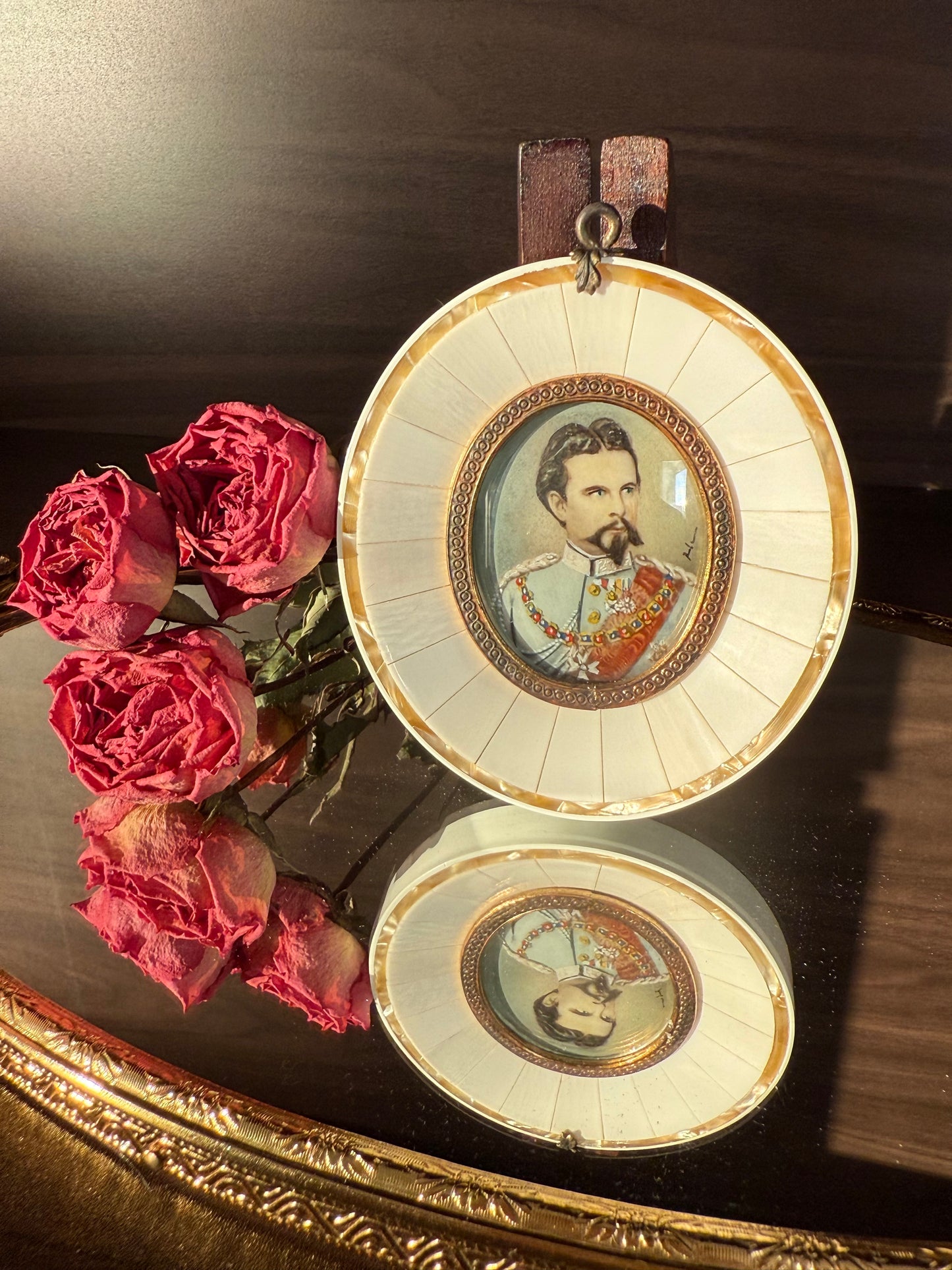 19th-century Antique Miniature Painting Portrait of King Ludwig II of Bavaria with Mother-of-Pearl Frame
