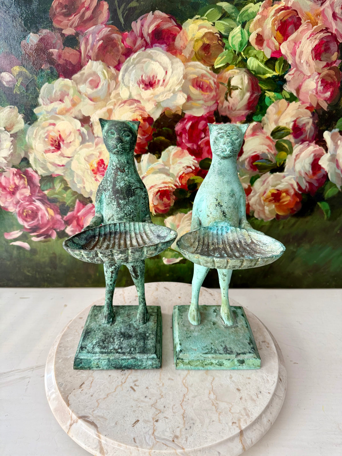 Antique Diego Giacometti-Style Patinated Bronze "Cat Butler" Statues, often used as Soap Dishes, Business Card Holders, or Trinket Trays - This price applies to a single item only!