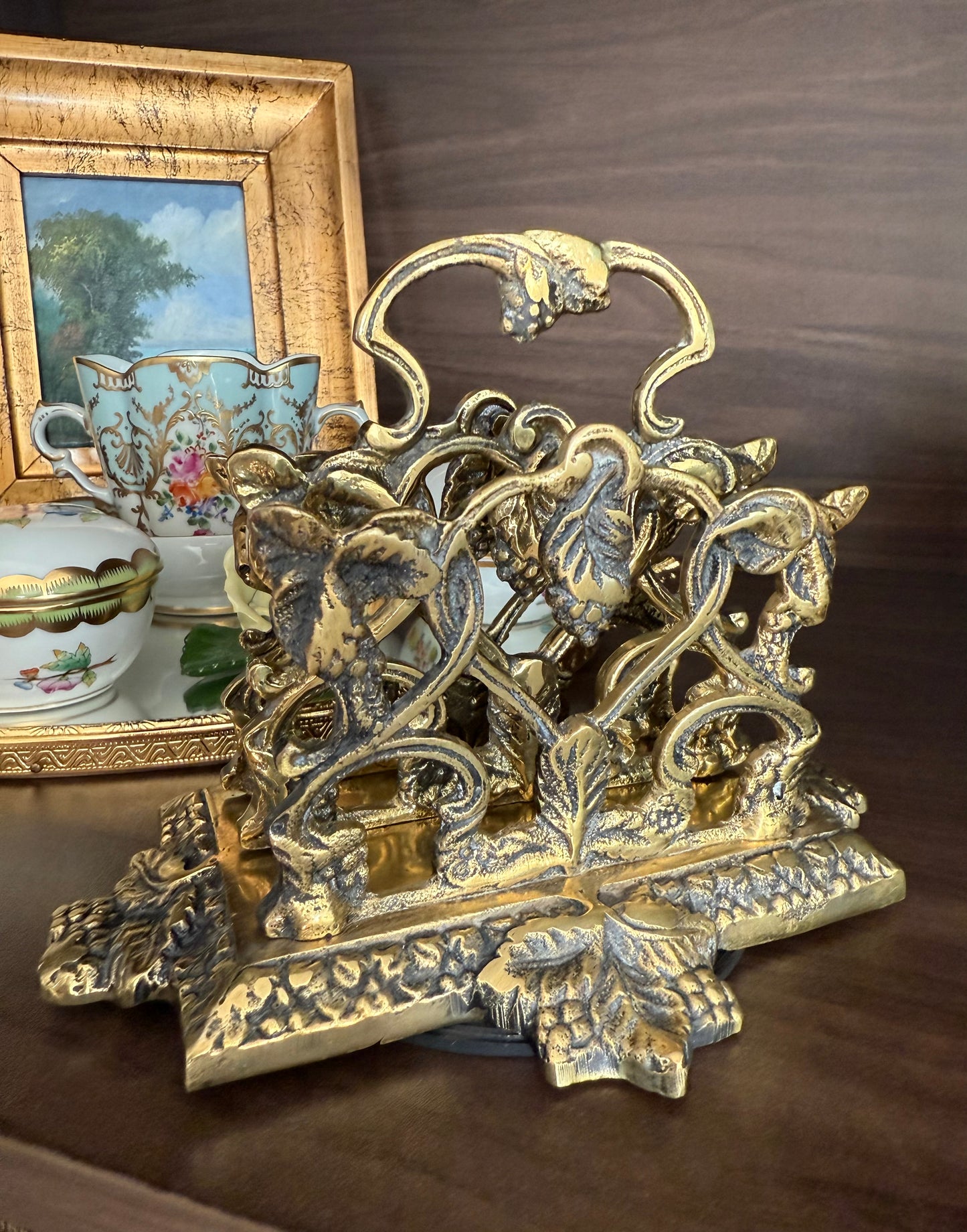Vintage Brass Letter or Napkin Holder Desk Organizer with Grape Leaf Decoration, Made in England