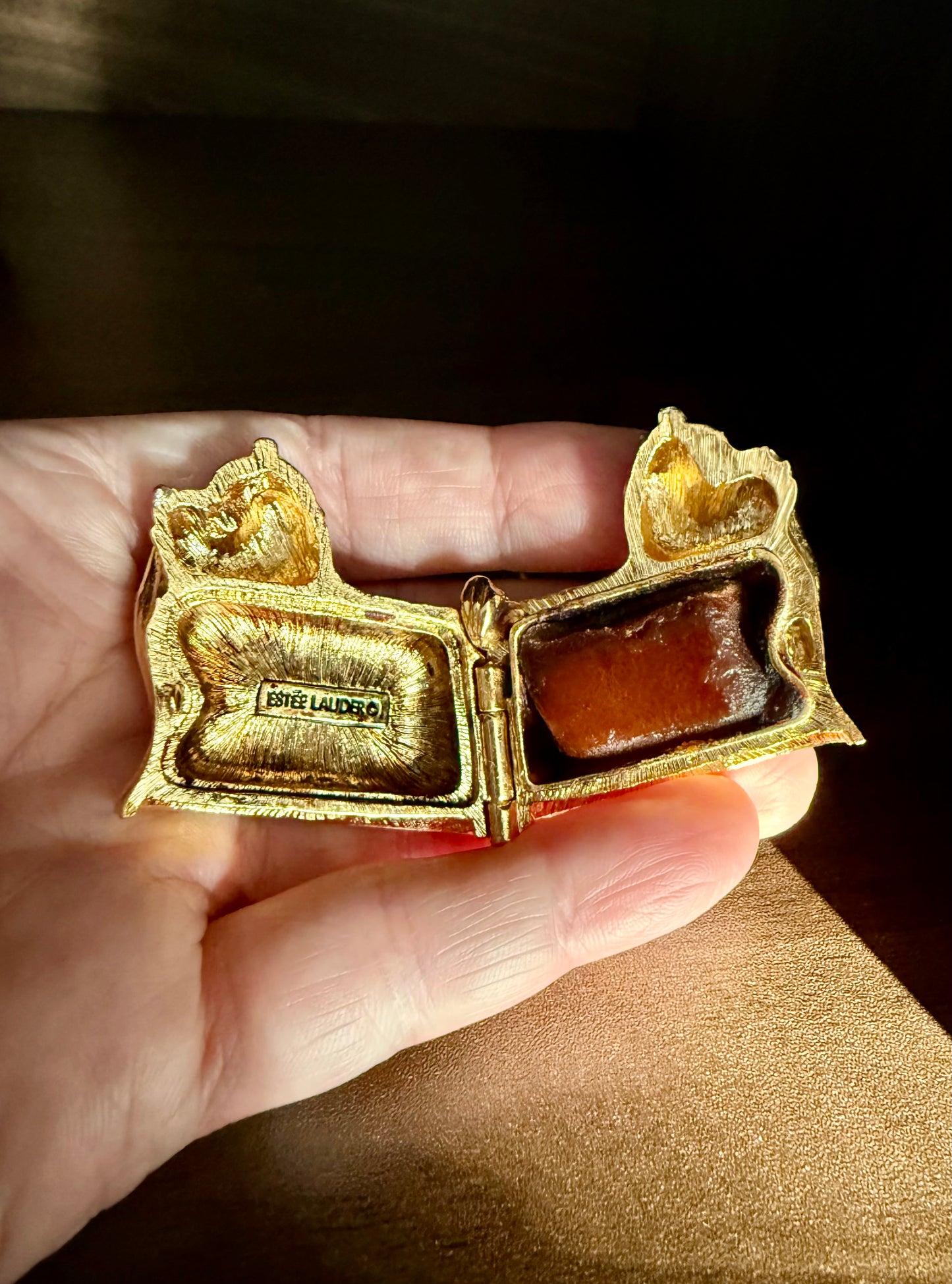 Estée Lauder Vintage Gold Plated Perfume Compact Dog with Pink Ribbon