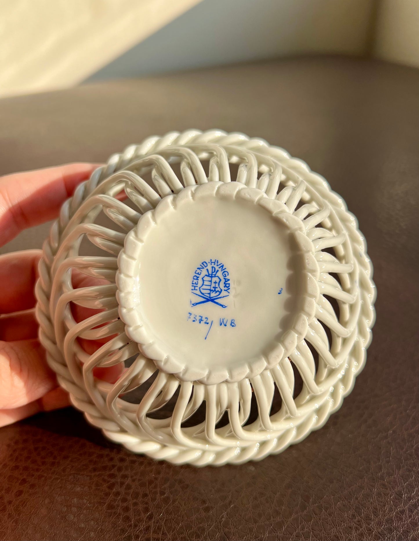 Herend porcelain small openwork basket with pink handpainted flowers