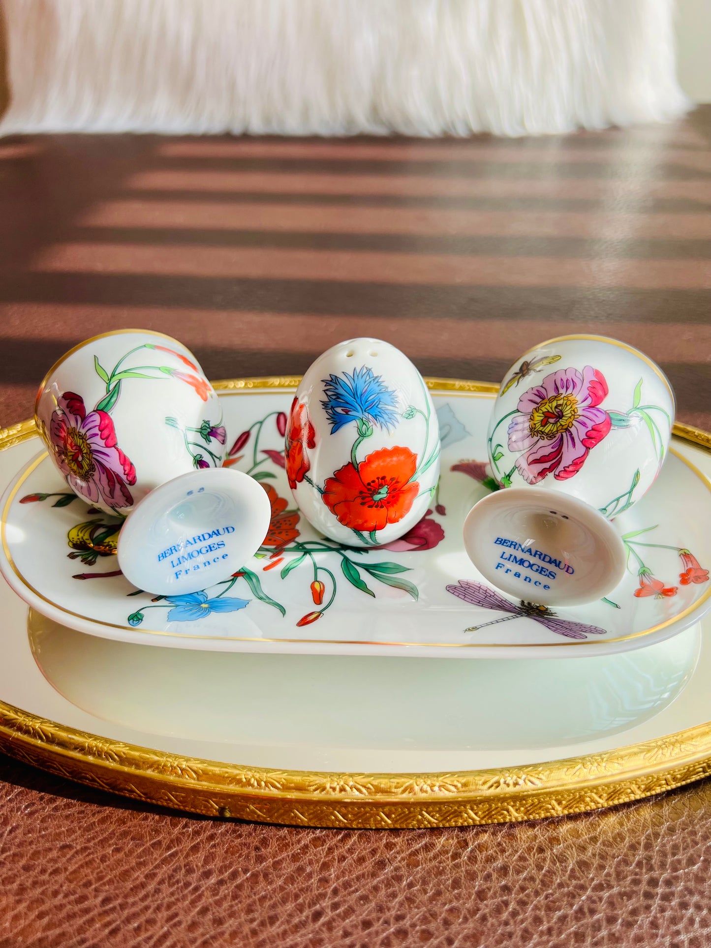 1980s Gucci Bernardaud Limoges Floral & Butterfly Print Porcelain Egg Cup and Salt Shaker Set, Made in France