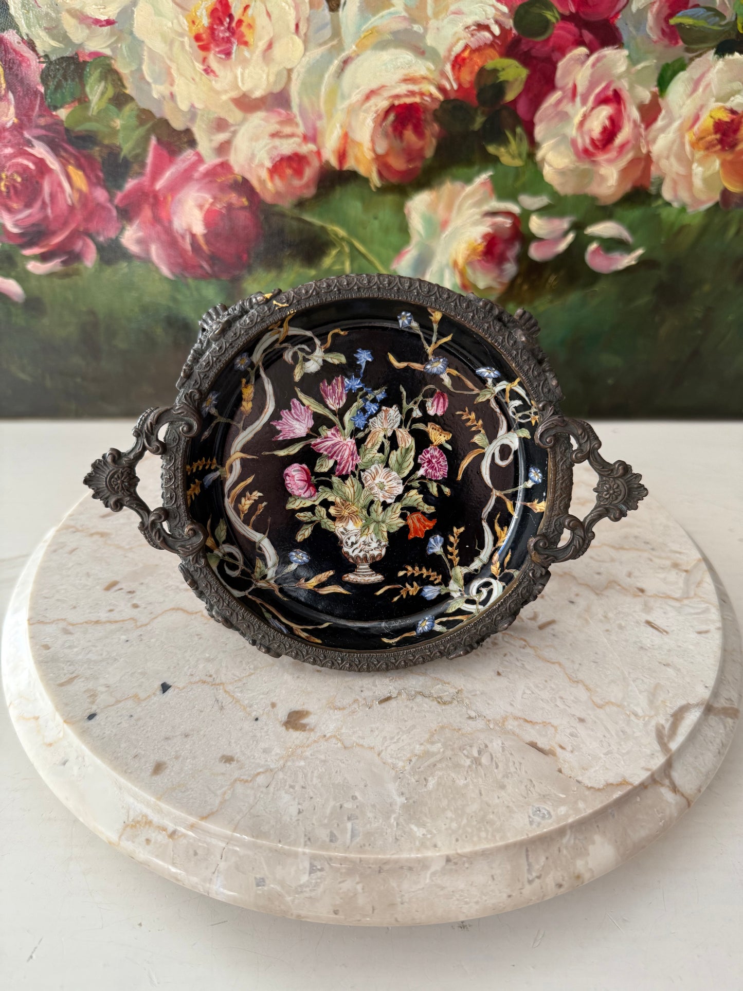 Antique Porcelain Chinese Hua Rong Tang Zhi Bronze Footed, Enameled Hand-Painted Flowers Trinket or Soap Dish, Ornate Tray