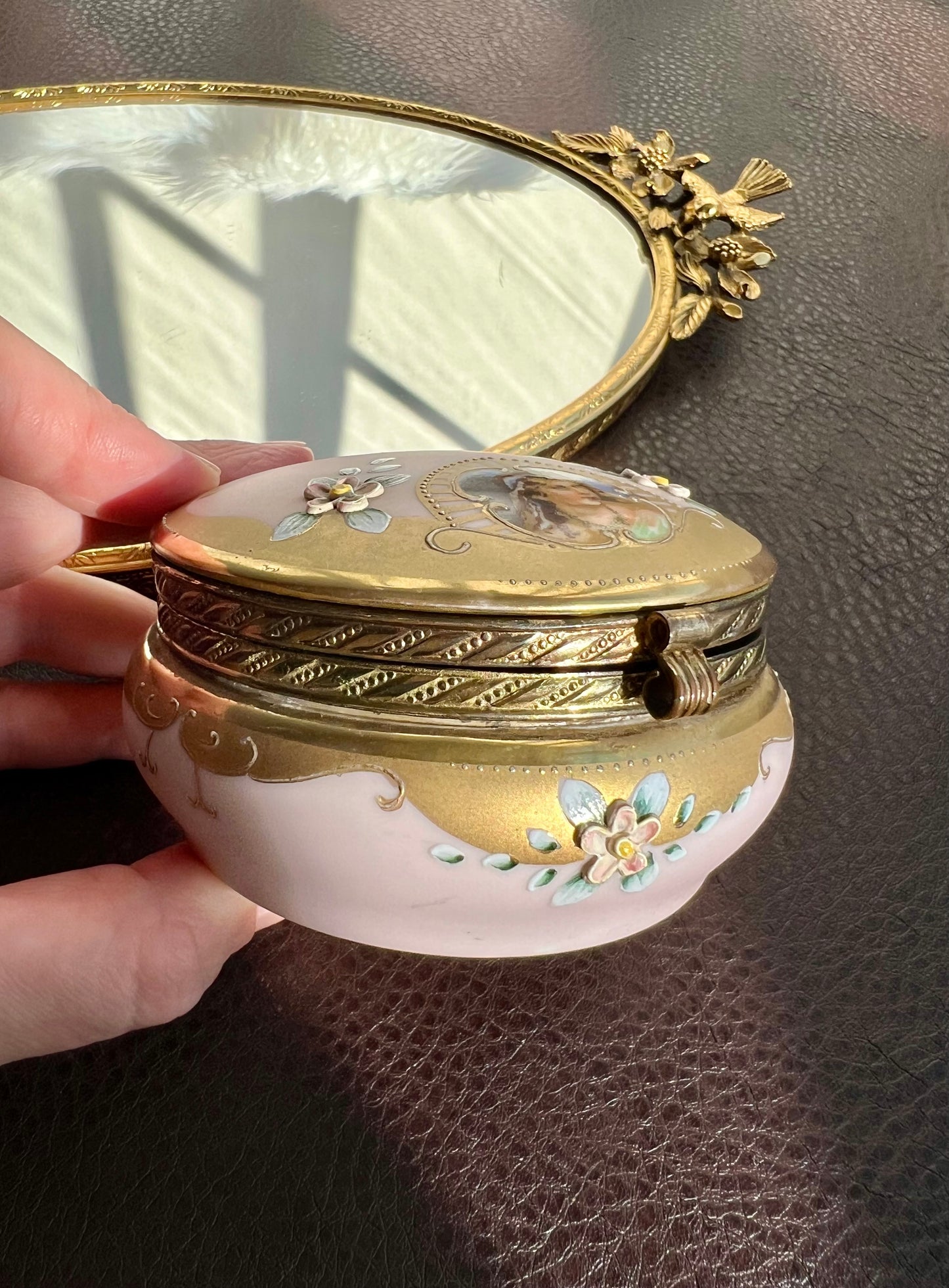 Vintage or Antique Porcelain Trinket Box with Hinged Lid & Applied Flowers and Gold Trim