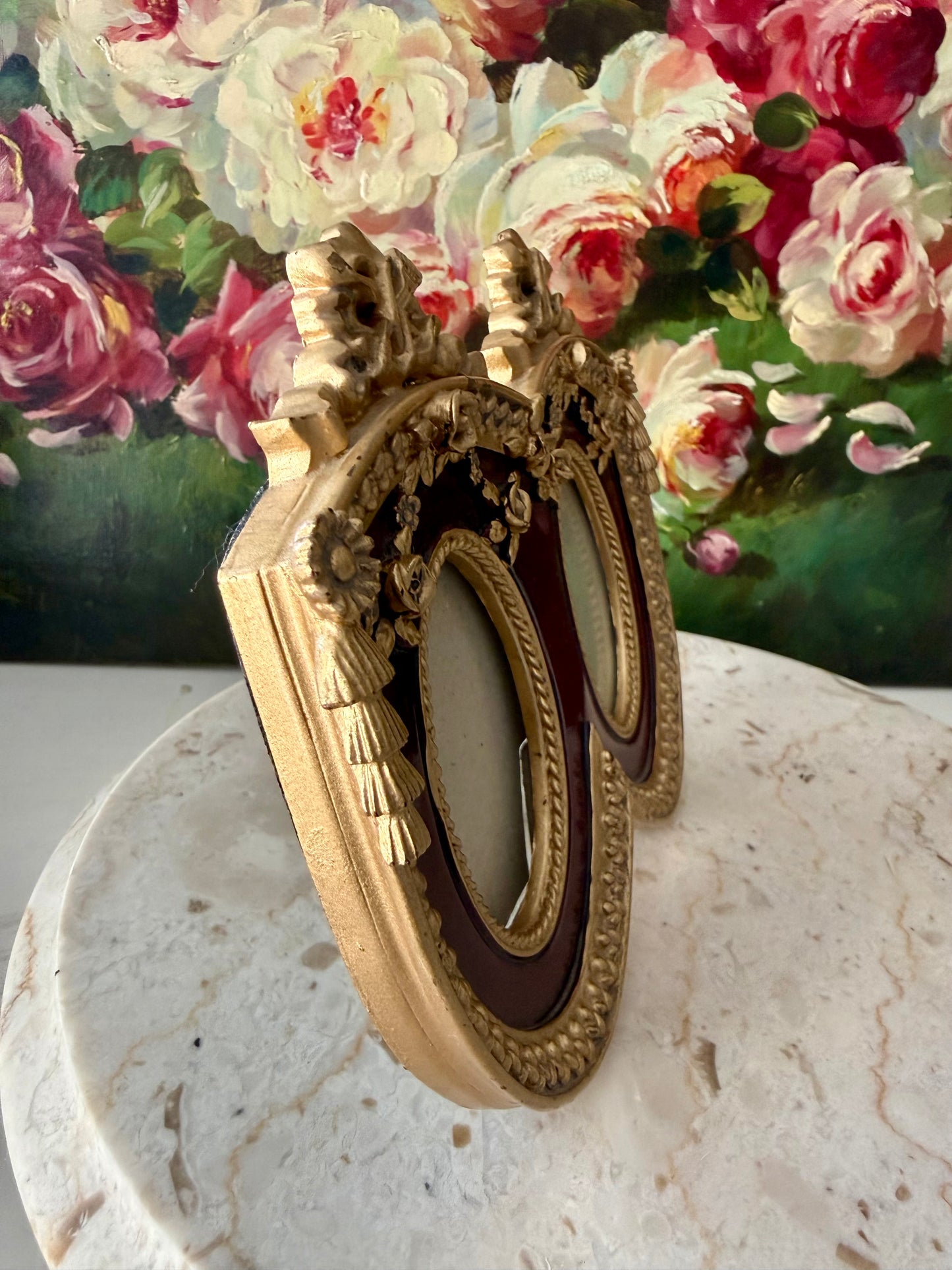 French Baroque Style Vintage Gold And Burgundy Oval Double Photo Frame (NOT Brass)