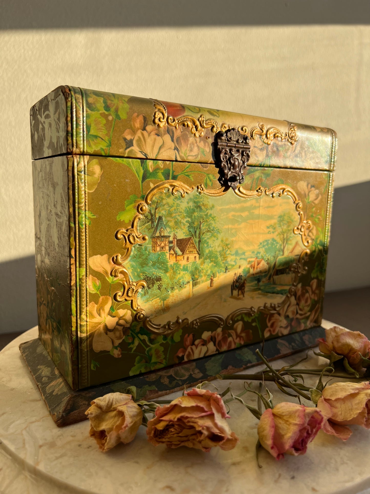 Antique Wooden Decorative Wallpaper Covered Recipe or Trinket Box with Floral Motif and Gilded Painting Design