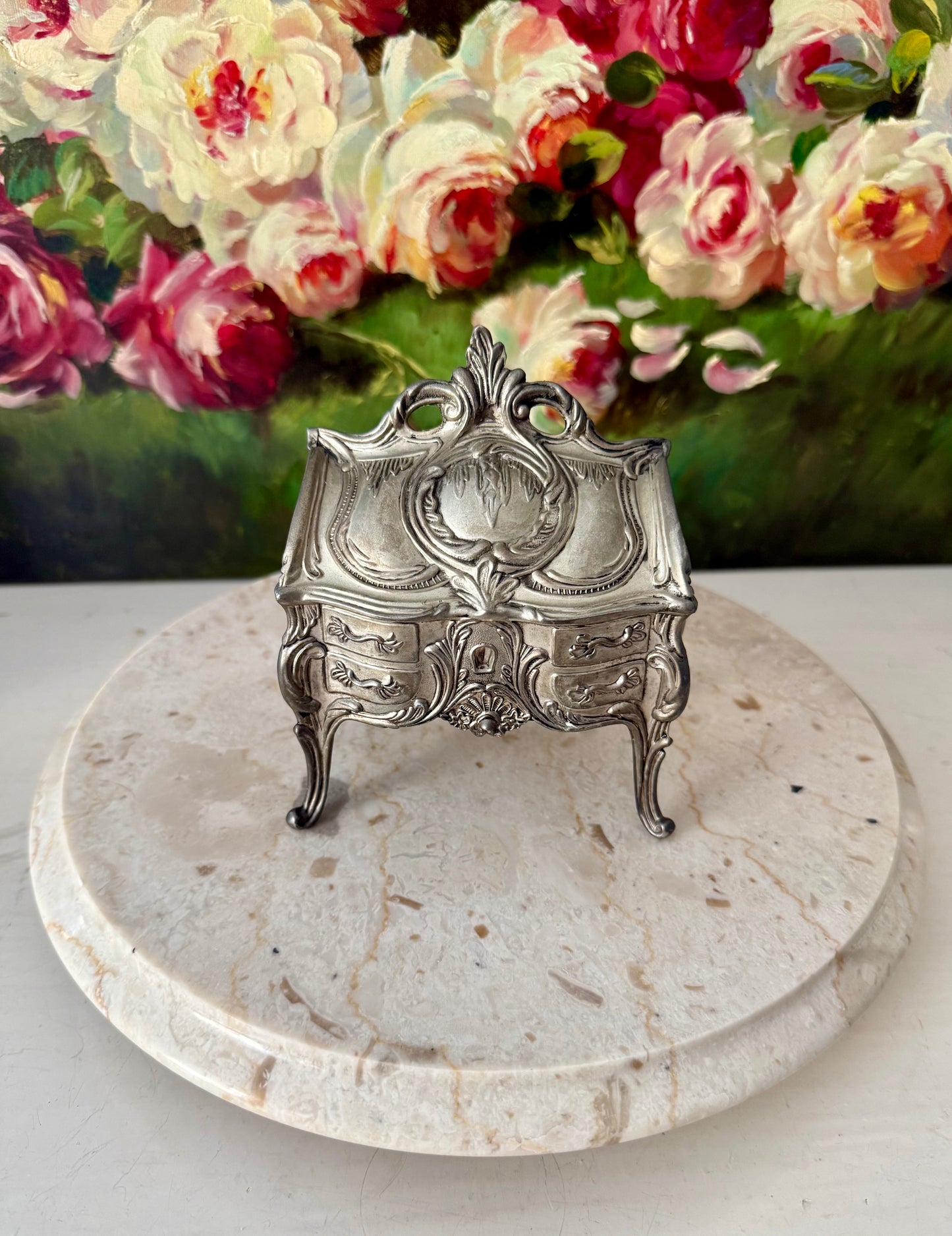 Antique Art Nouveau French Style Silver Plated Jewelry Casket Velvet Lined Romantic Trinket Box