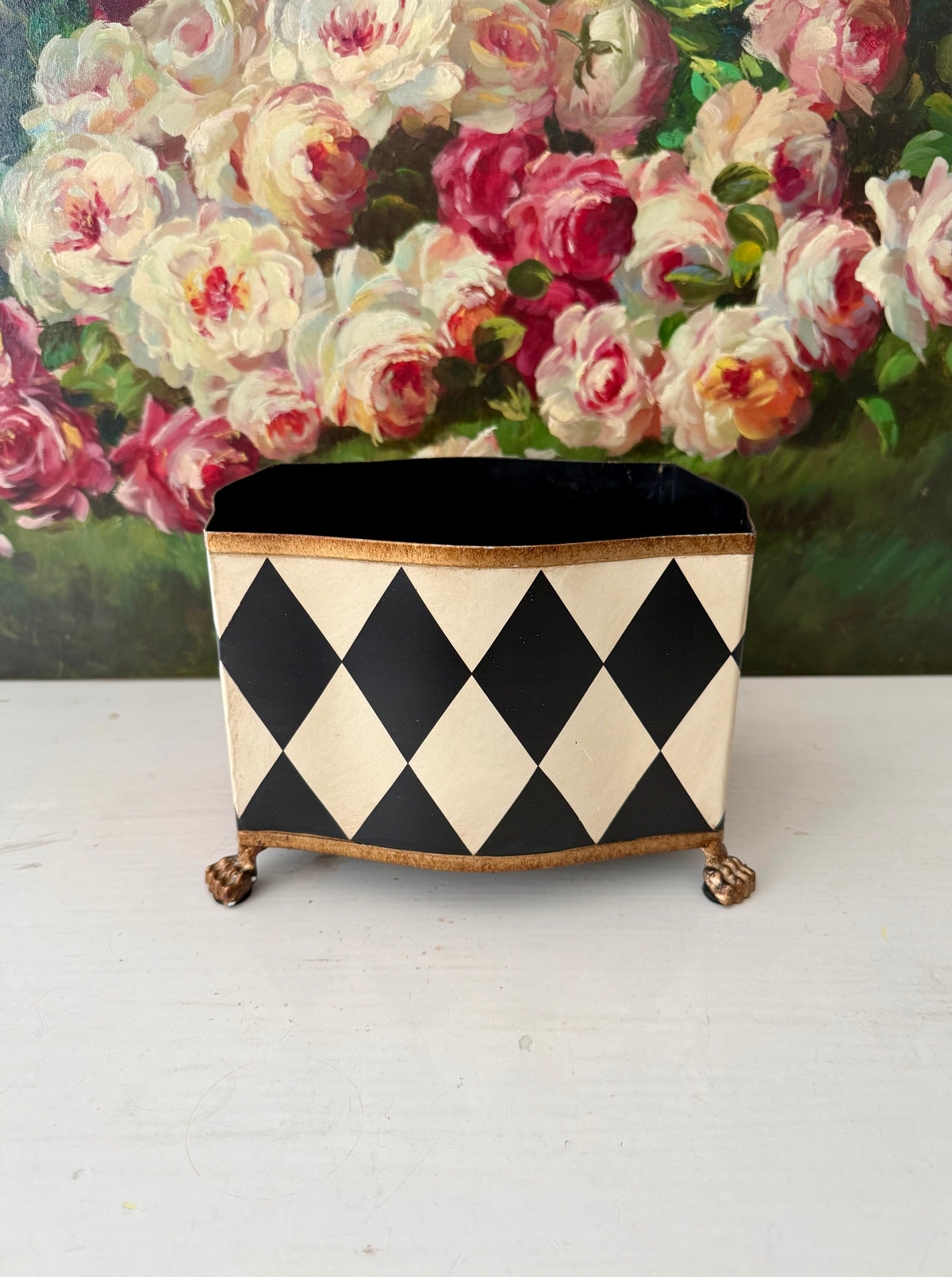 Vintage Hand-painted Metal Flower Pot/Planter with a Harlequin Pattern and Claw Feet