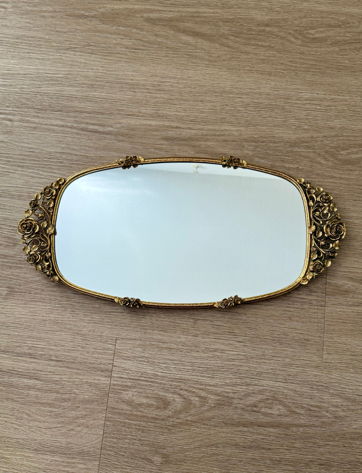 Matson Hollywood Regency Vintage Ornate 24K Gold Gilt Vanity Perfume Mirror Tray with Roses Motifs