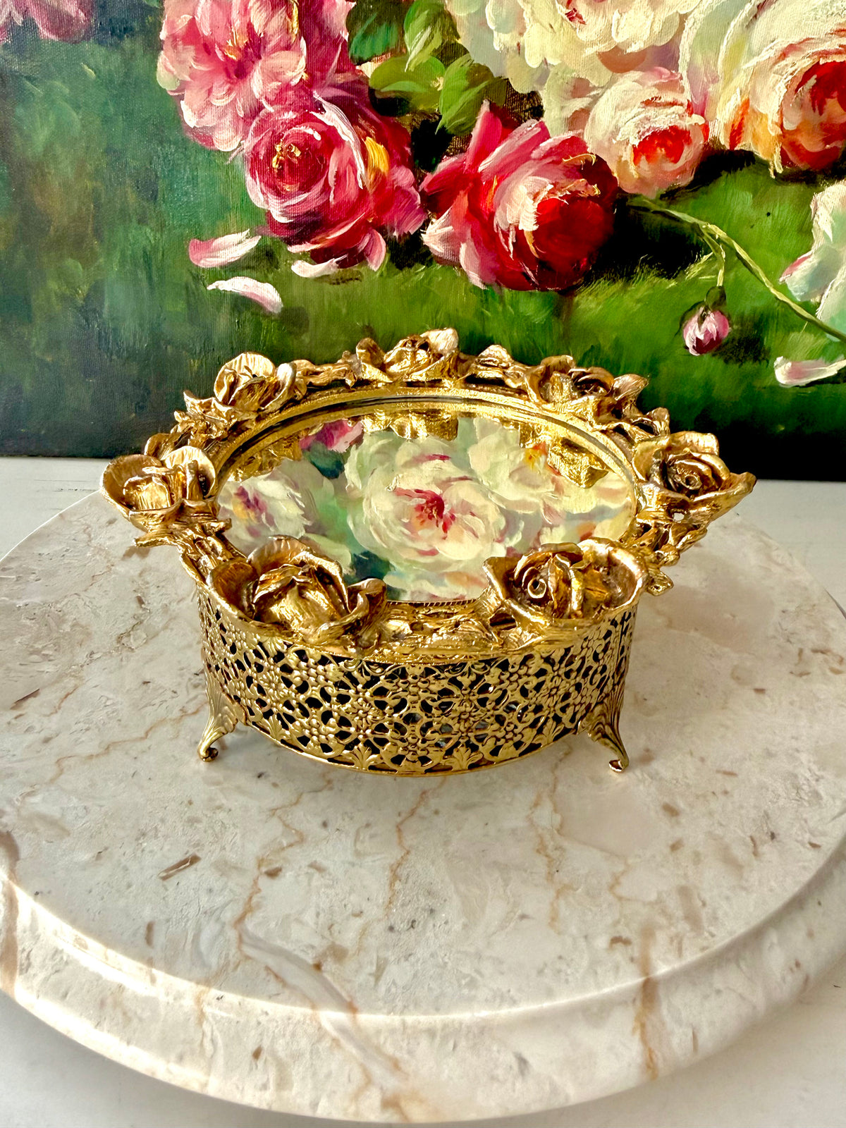 1960s Hollywood Regency Vintage 24K Gold-plated Ormolu Filigree with Mirrored Glass and Rose Motifs Trinket Box or Powder Jar