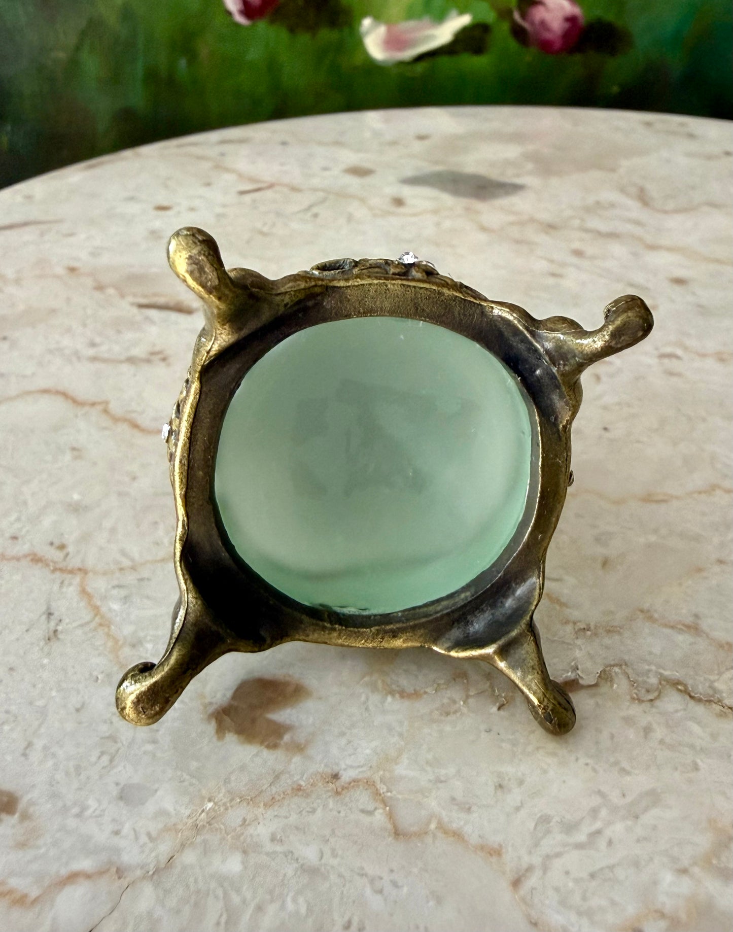 Vintage Frosted Green Glass Perfume Bottle Decorated with Rhinestones and Gemstones - Empty