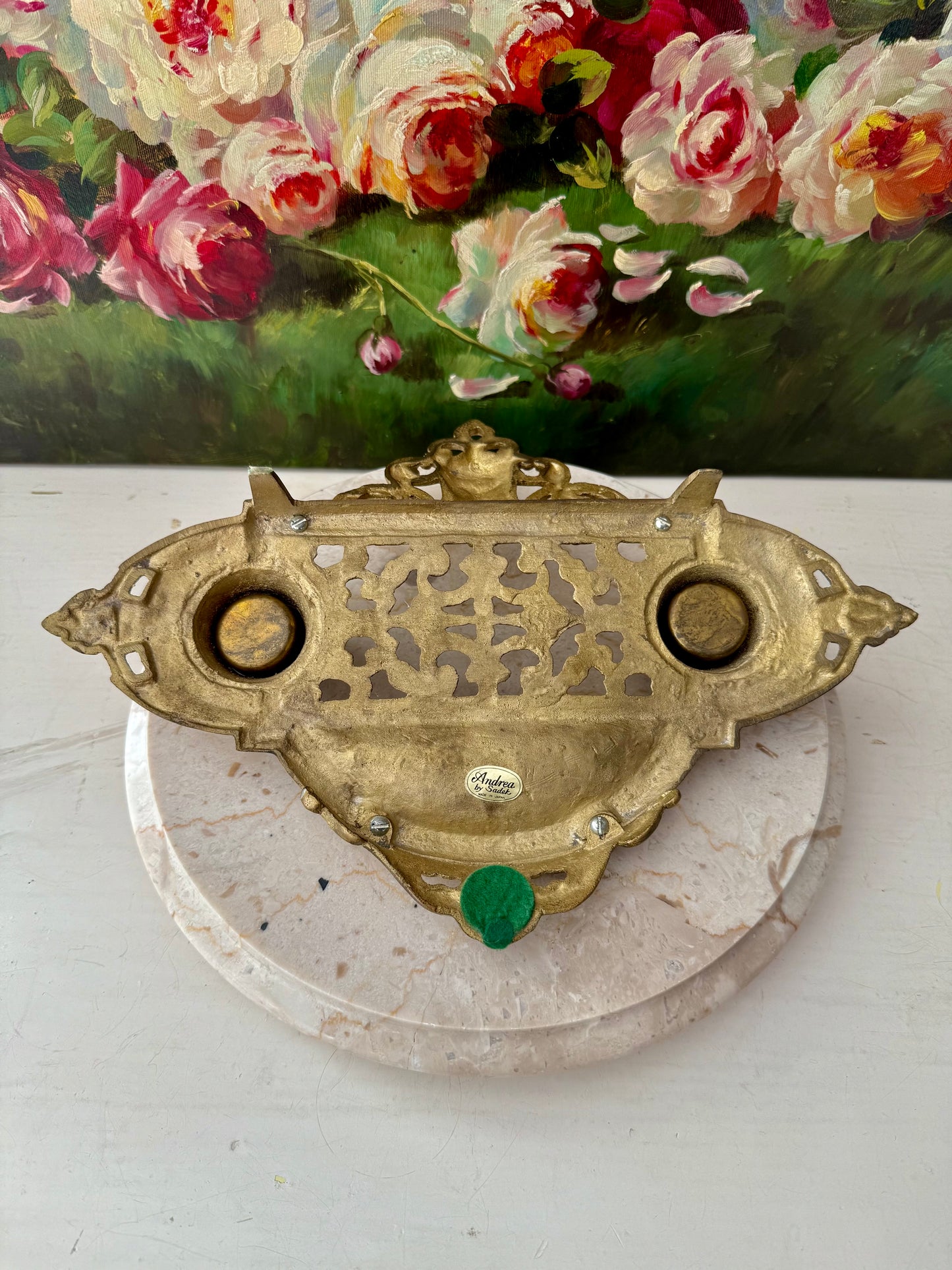 Andrea by Sadek Vintage Large Ornate Double Brass Inkwell, Made in Japan
