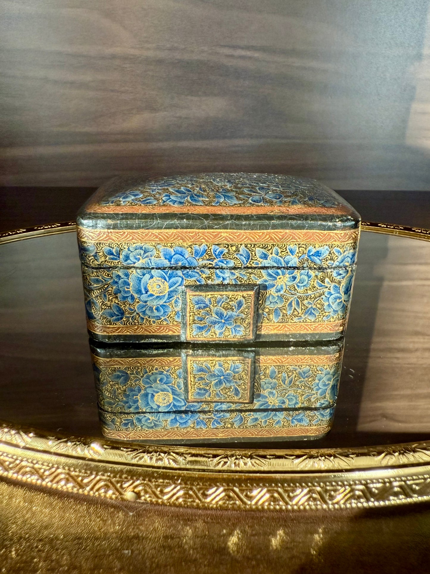 Beautiful Vintage Blue and Gold Hand-Painted Wooden Kashmir Papier-Maché Ring Holder or Jewelry Box