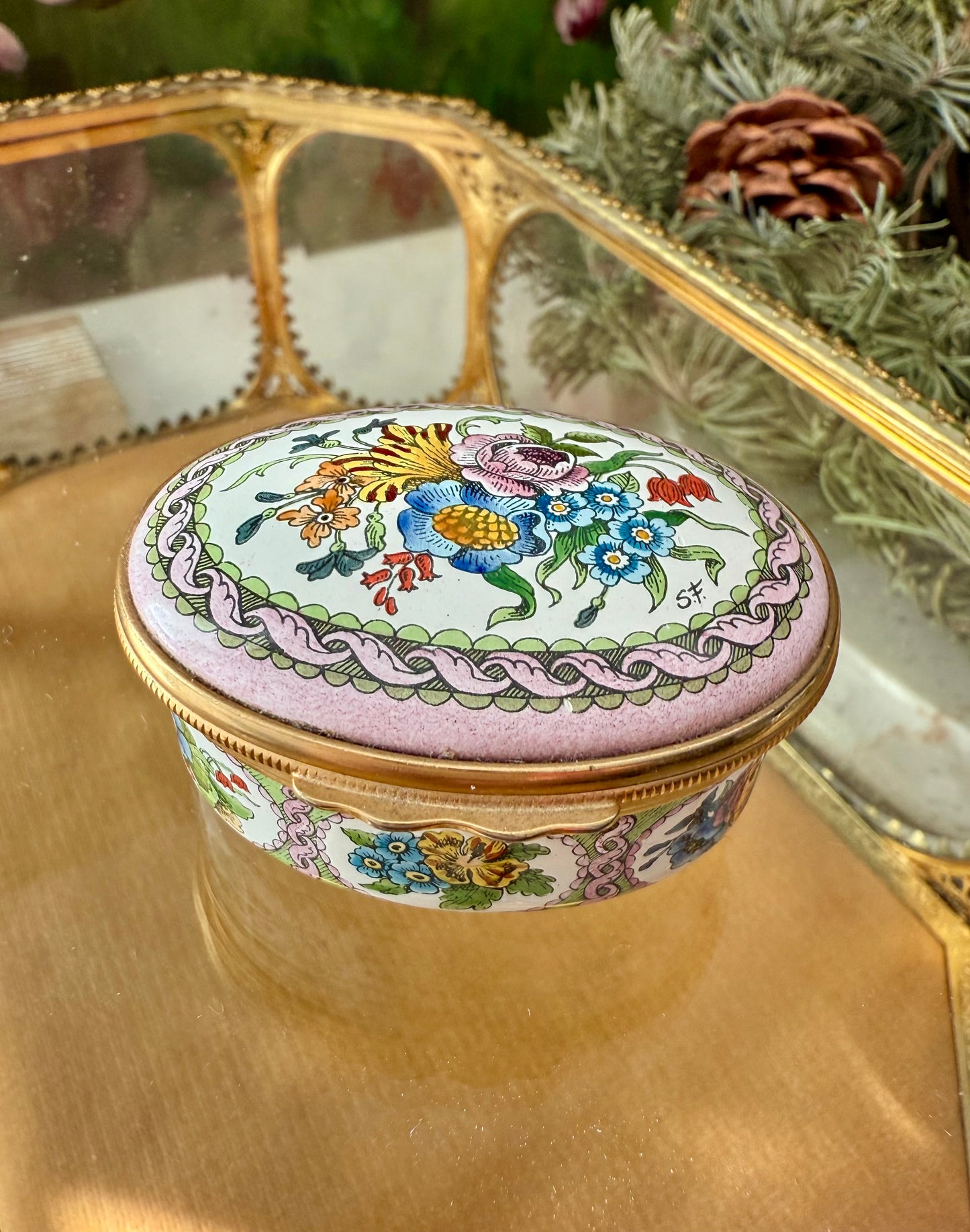 Halcyon Days Vintage Hand-Painted Enamel Floral Jewelry or Trinket Box, Made in England