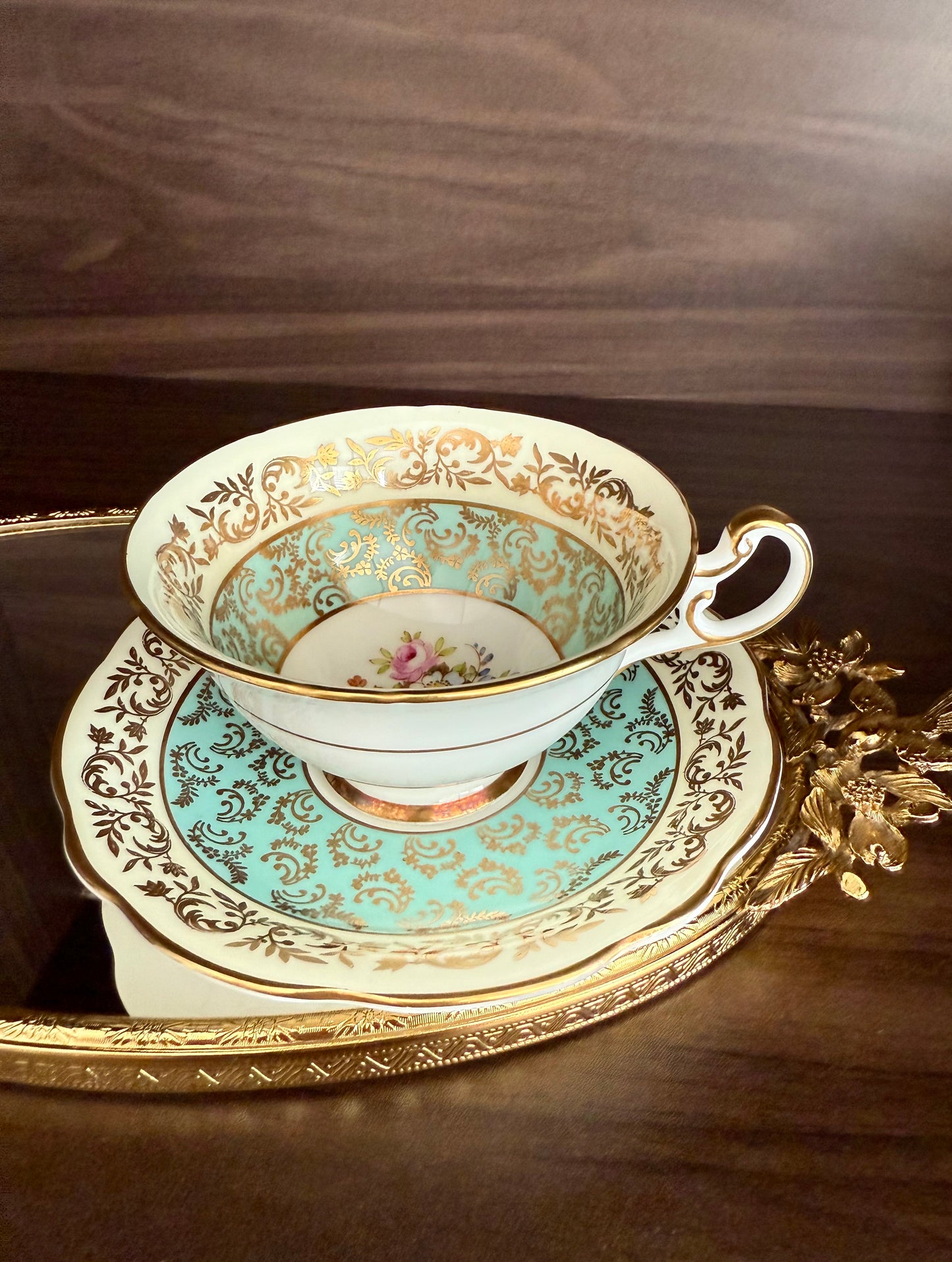 1950s Paragon Fine Bone China Vintage Aqua Green, Gold and Floral Porcelain Tea Cup and Saucer Set, Made in England