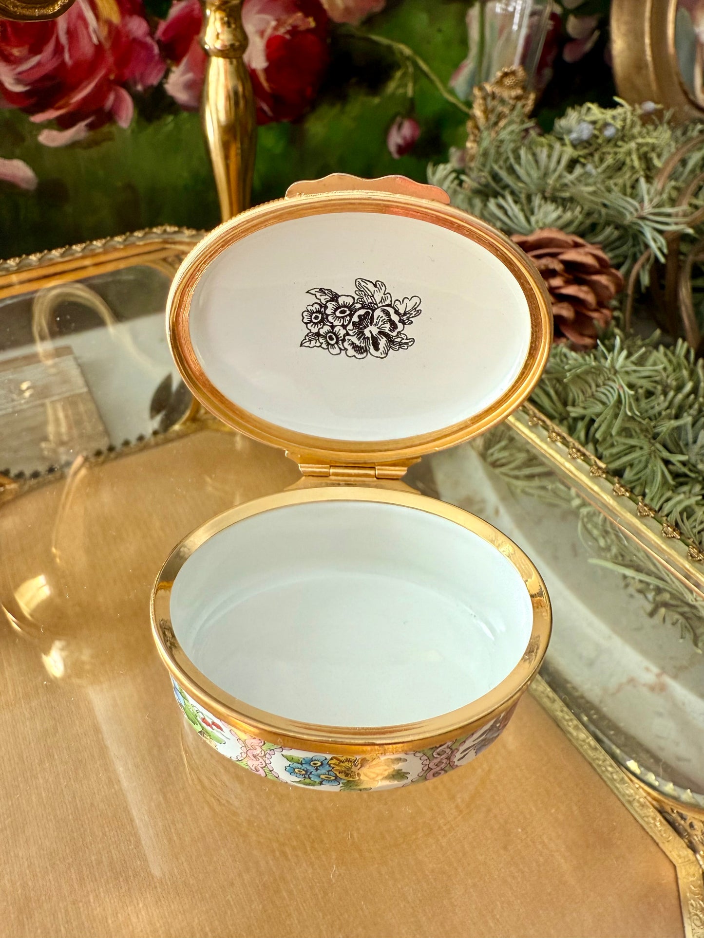 Halcyon Days Vintage Hand-Painted Enamel Floral Jewelry or Trinket Box, Made in England