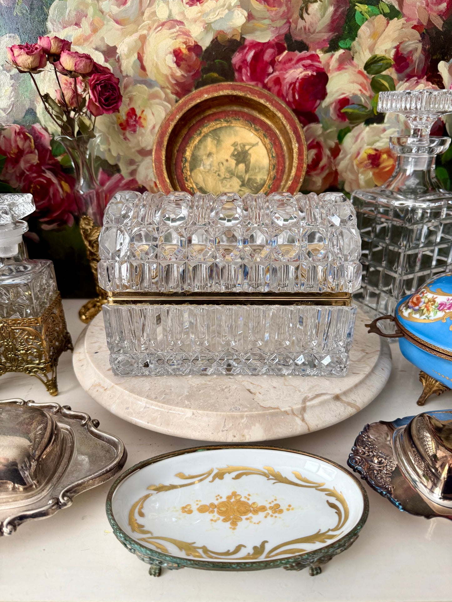 1960s Baccarat Style Heavy Cut Crystal Large Lidded Vintage Jewelry or Trinket Box/ Casket with Brass Frame