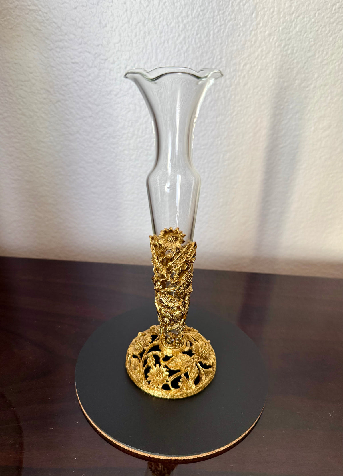 24k Vintage Matson Gold-plated Sunflower Brass Filigree Ormolu with Removable Glass Vase